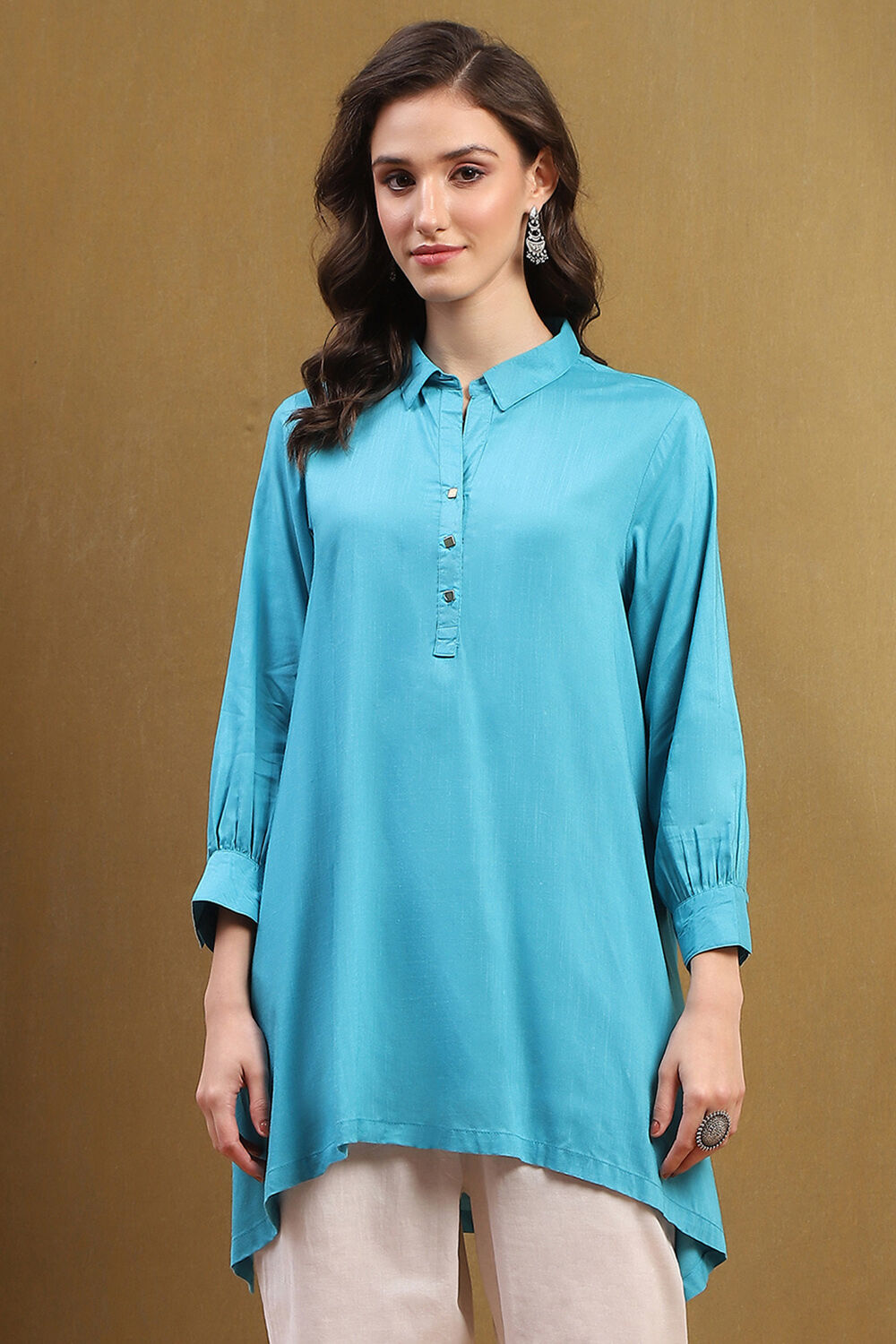 Turquoise Solid Asymmetric Short Kurta image number 5