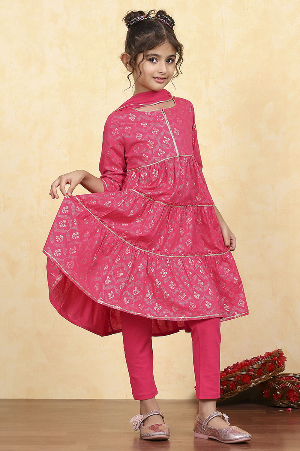 Blue Cotton Tiered Printed Kurta Churidar Set image number 5