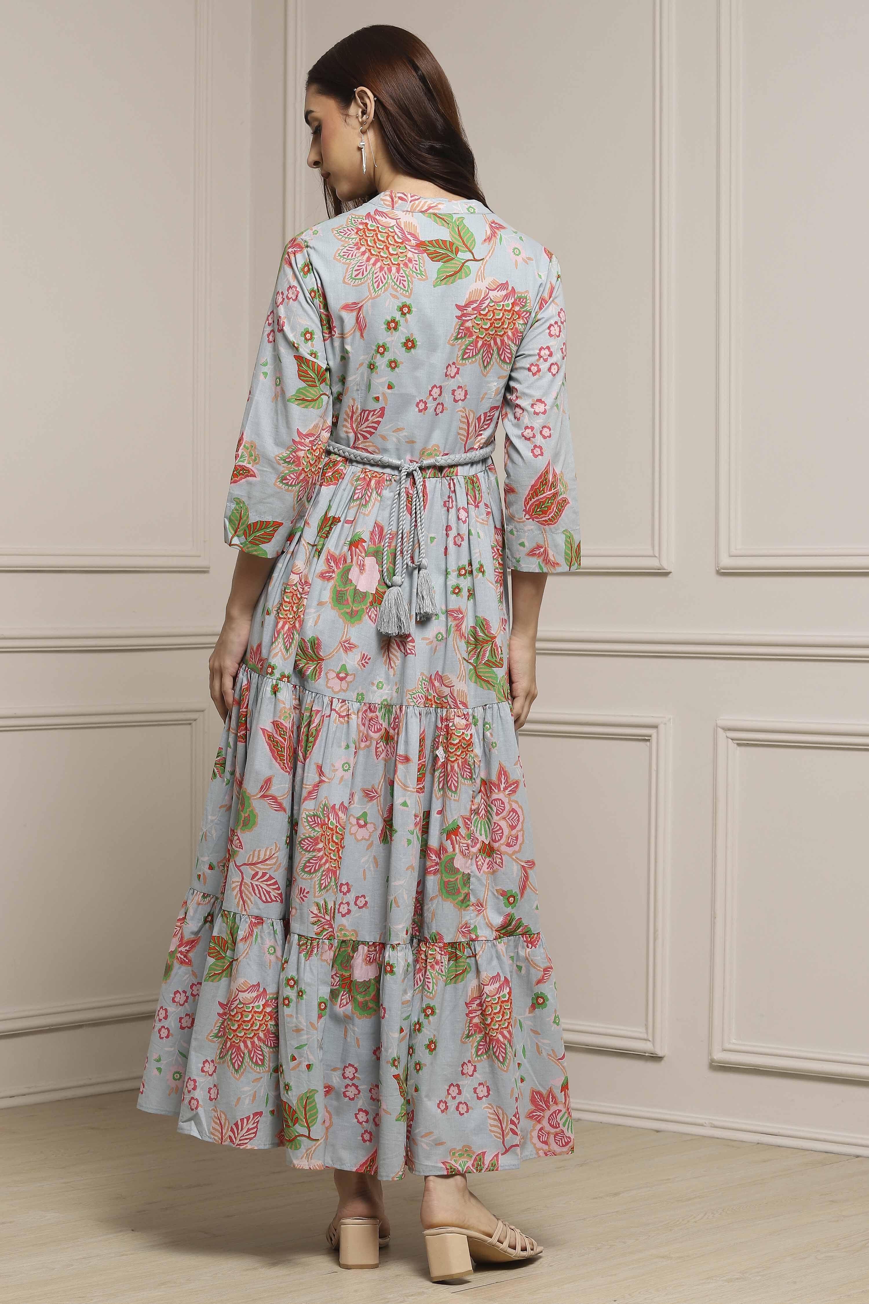 Light Blue Cotton Floral Tiered Dress image number 3