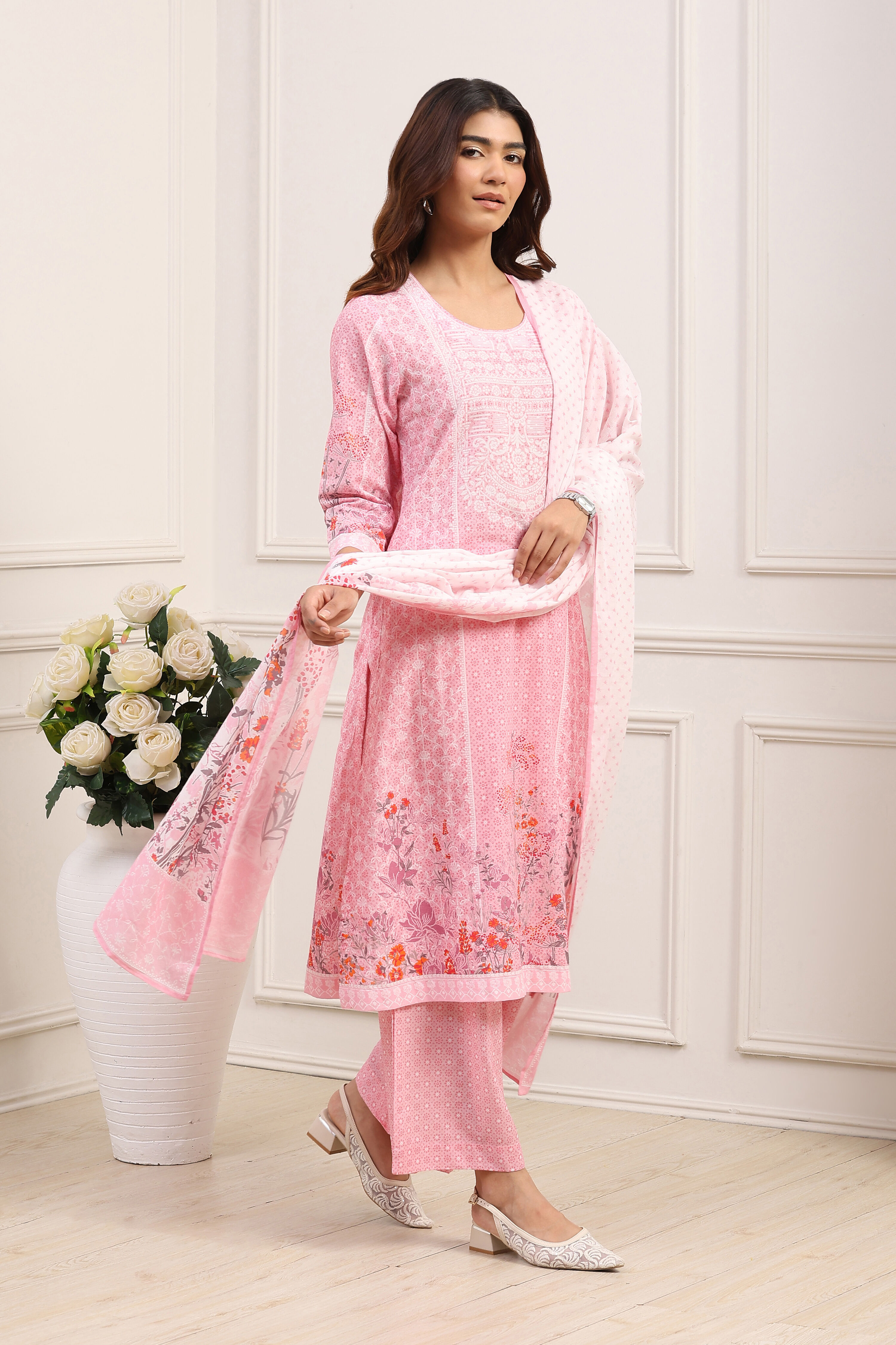 Powder Blue Cotton Straight Kurta Palazzo Suit Set image number 5