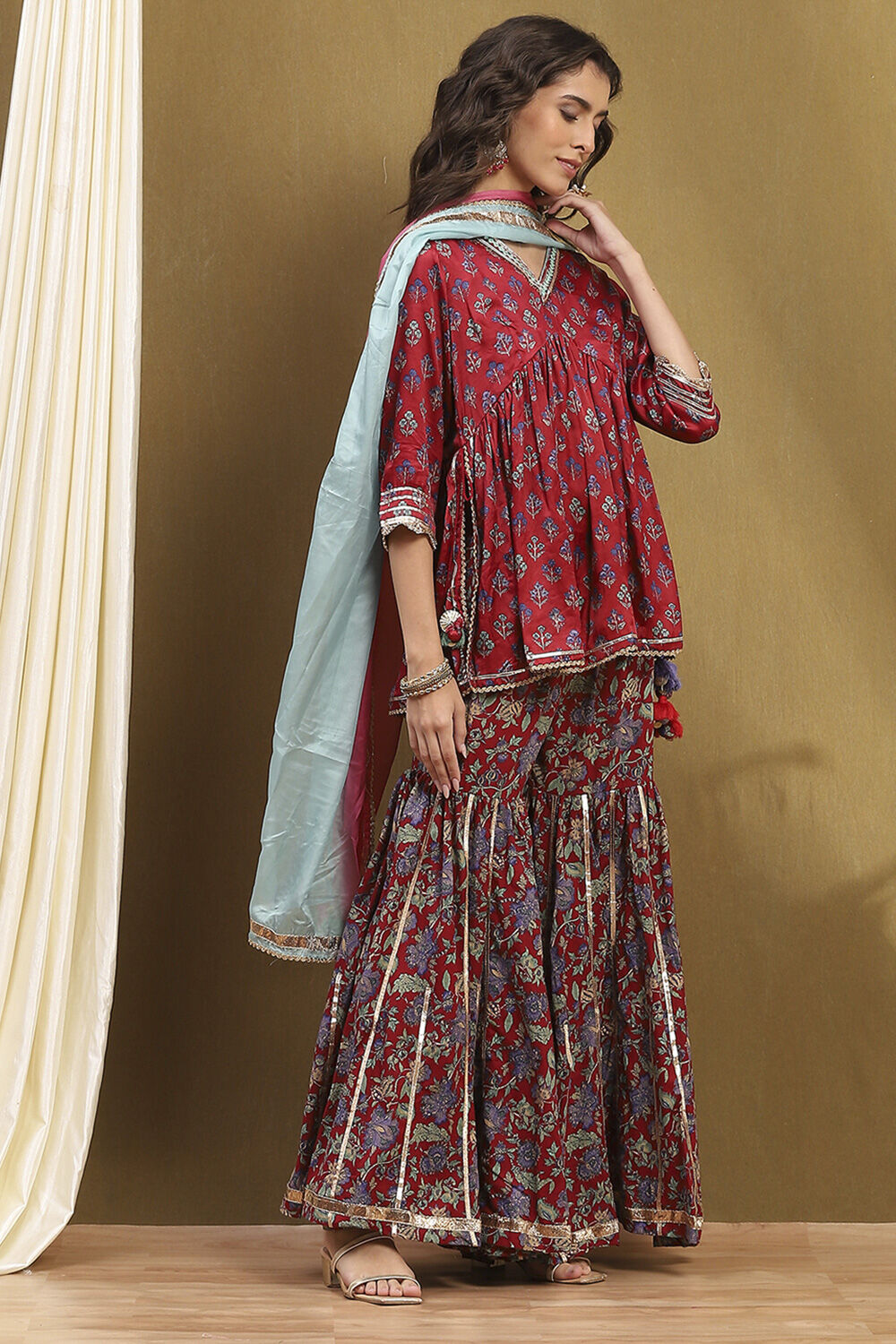 Cherry Red Viscose Blend Floral Peplum Kurta Suit Set image number 5