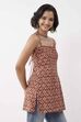 Rust Cotton Floral Printed Lace-Up Kurti image number 4