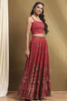 Red Satin Printed Lightweight Lehenga Set image number 5