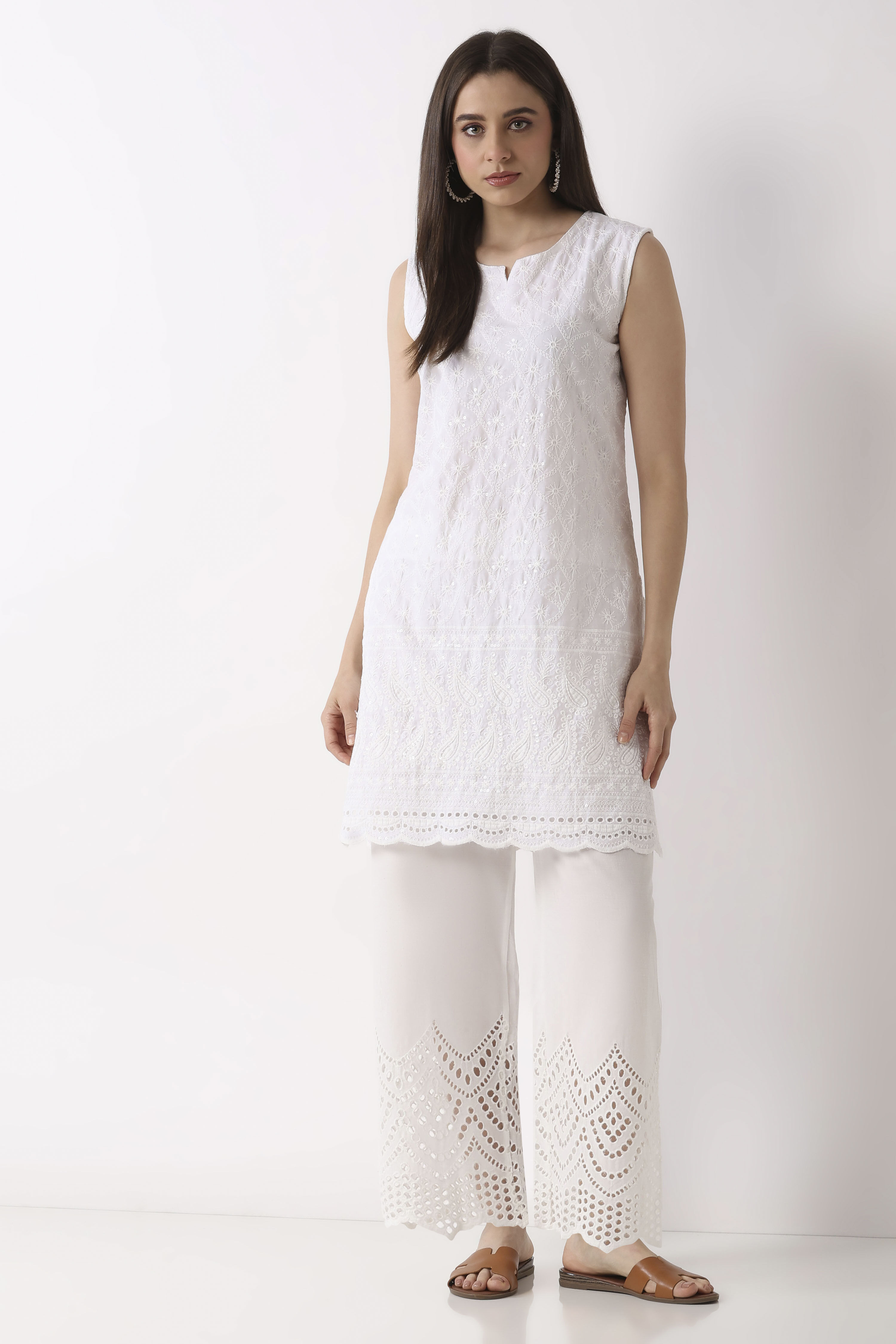 White Cotton Straight Palazzos image number 0