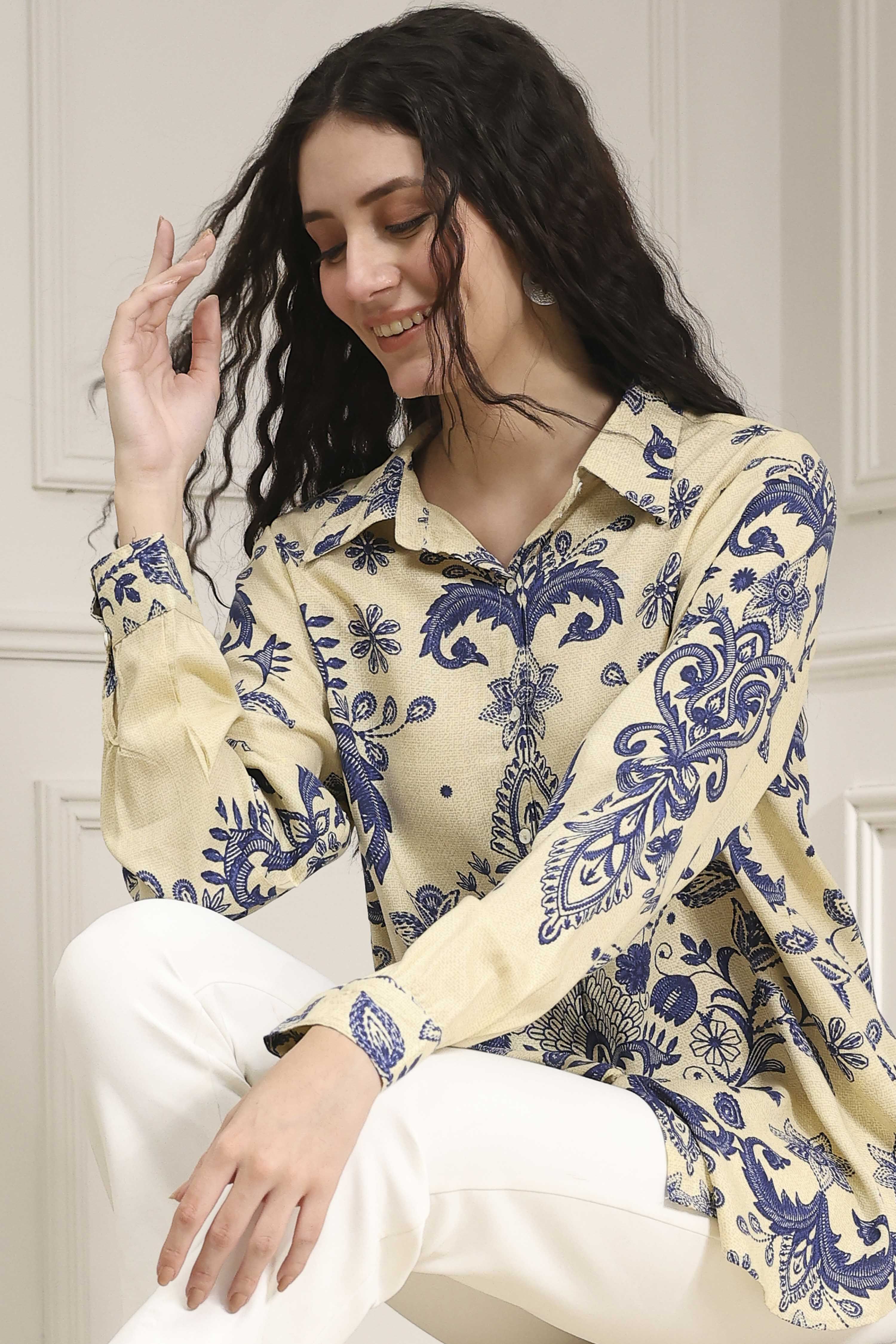 Off-White and Blue Printed Relaxed Fit Shirt image number 0