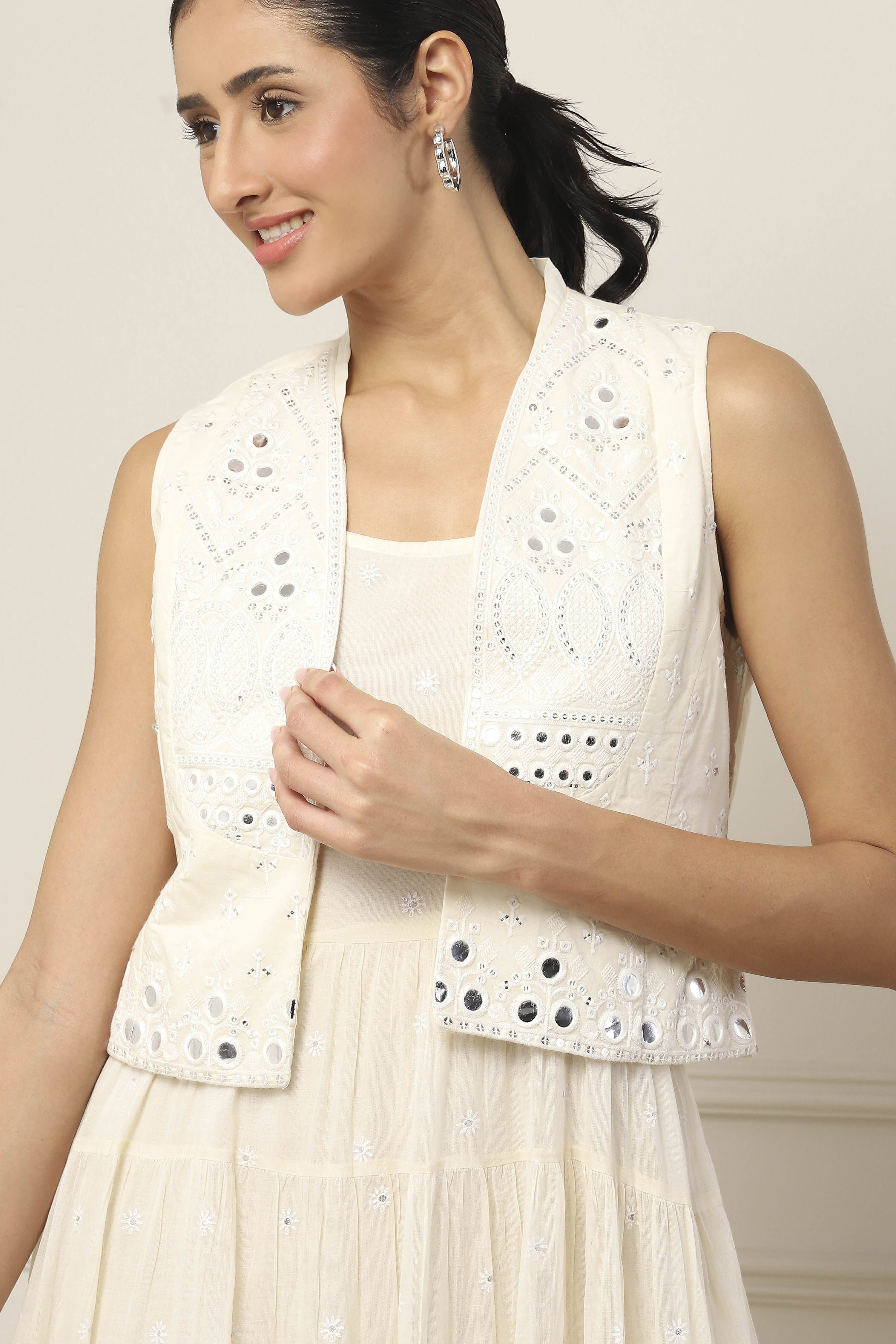 Yellow Cotton Embroidered Tiered Dress With Jacket image number 1