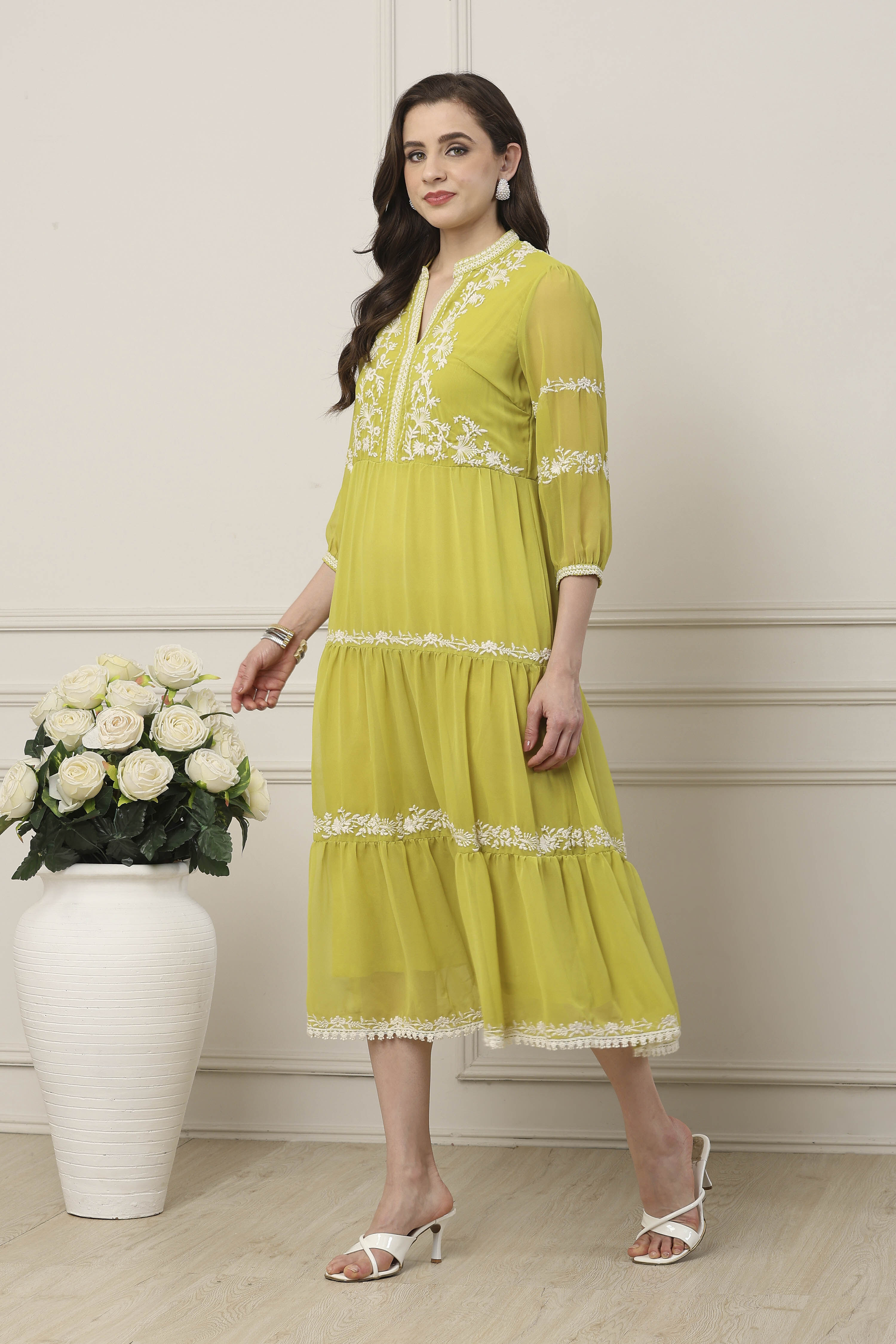 Green Floral Yoke Embroidered Tiered Dress image number 2