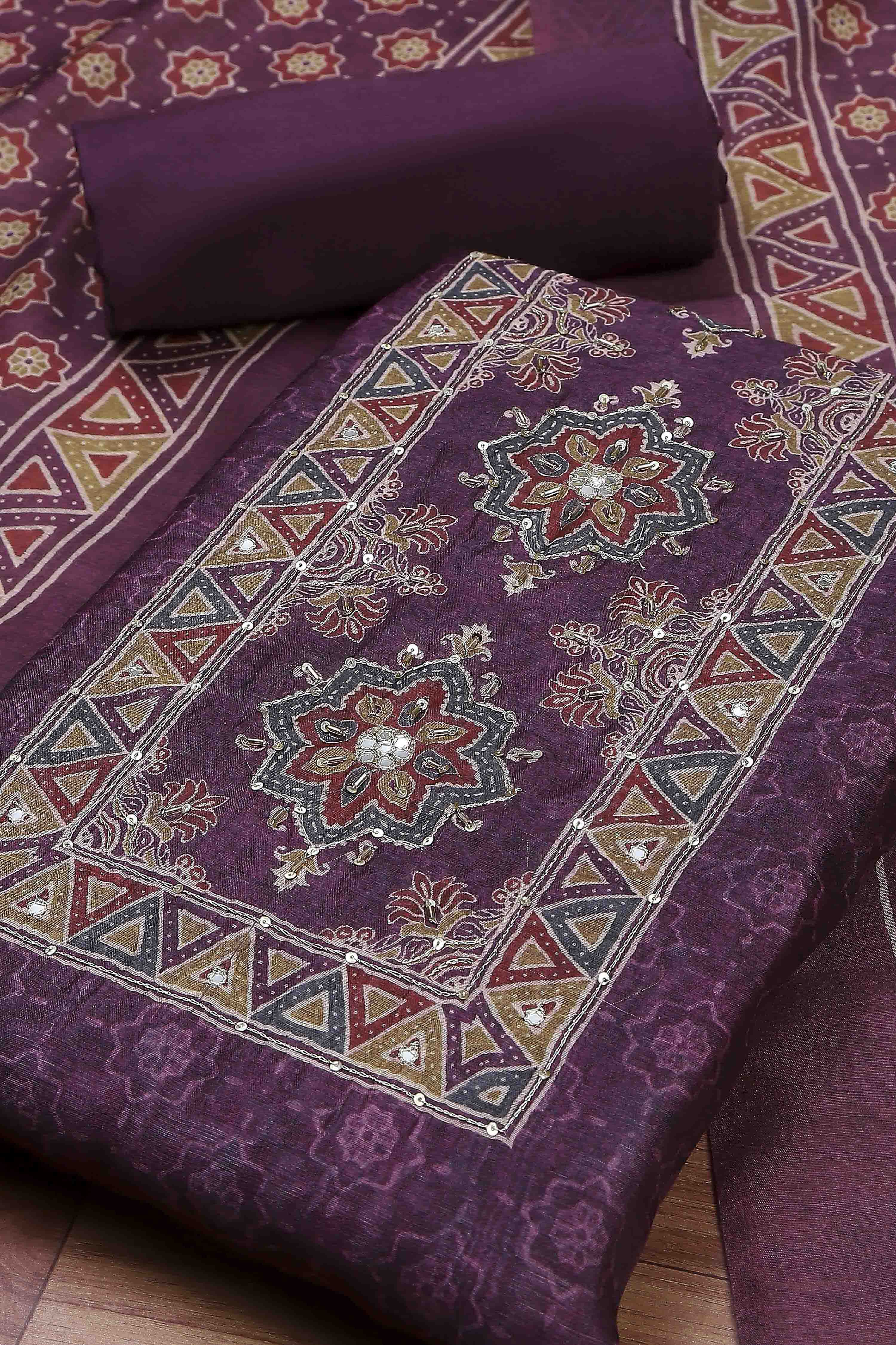 Wine Chanderi Rajasthani Print Unstitched Suit Set image number 1