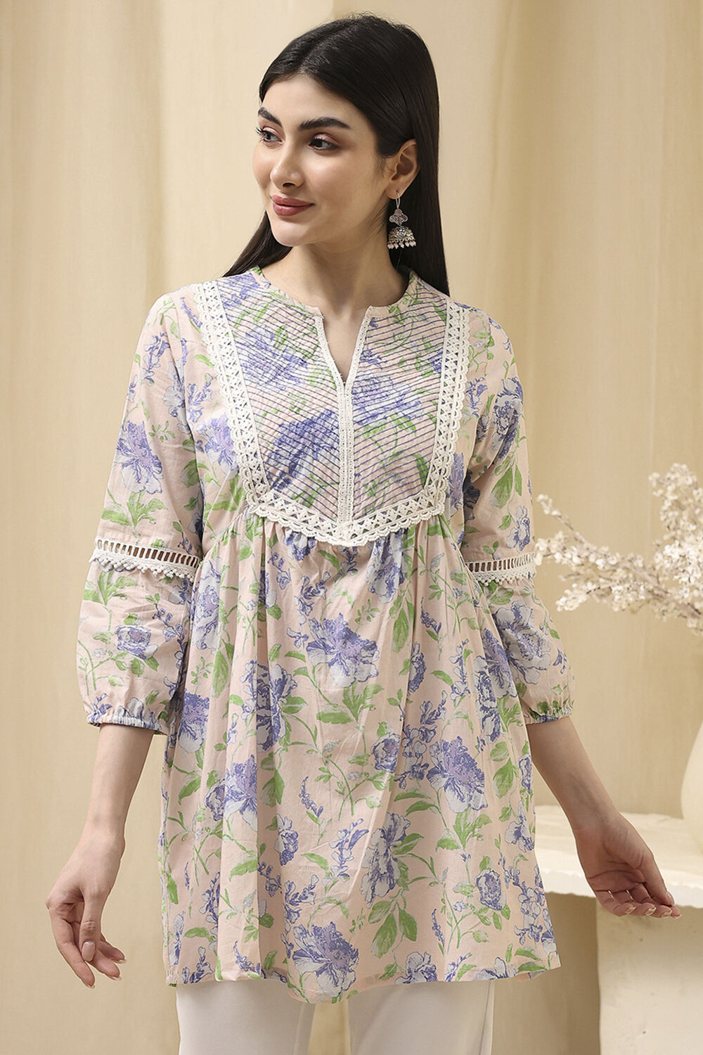 Ice Blue Cotton Floral Flared Short Kurta image number 4