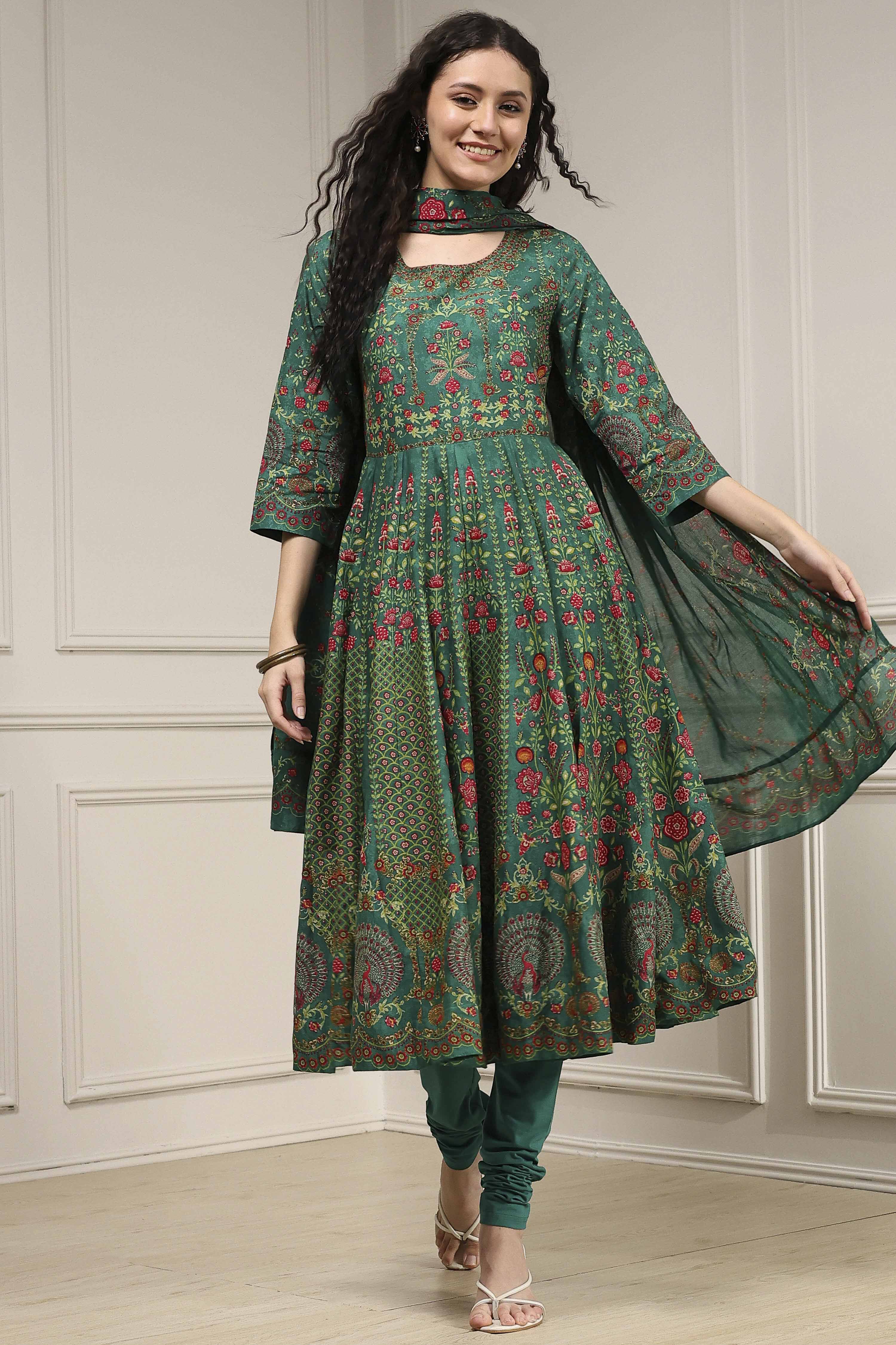 Off-White Cotton Printed Anarkali Suit Set image number 0