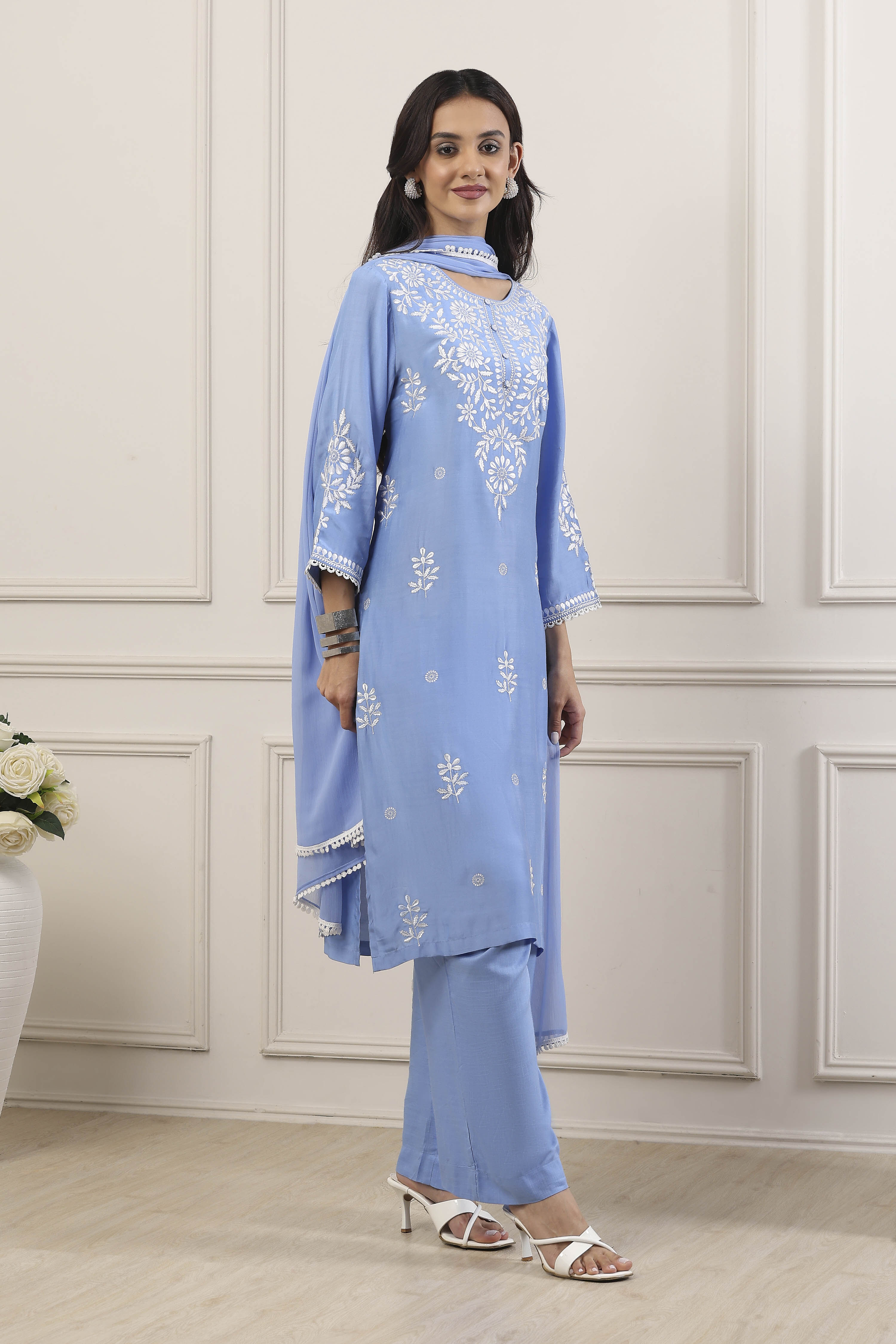 Blue Poly Viscose Floral Embroidered Straight Suit Set image number 5