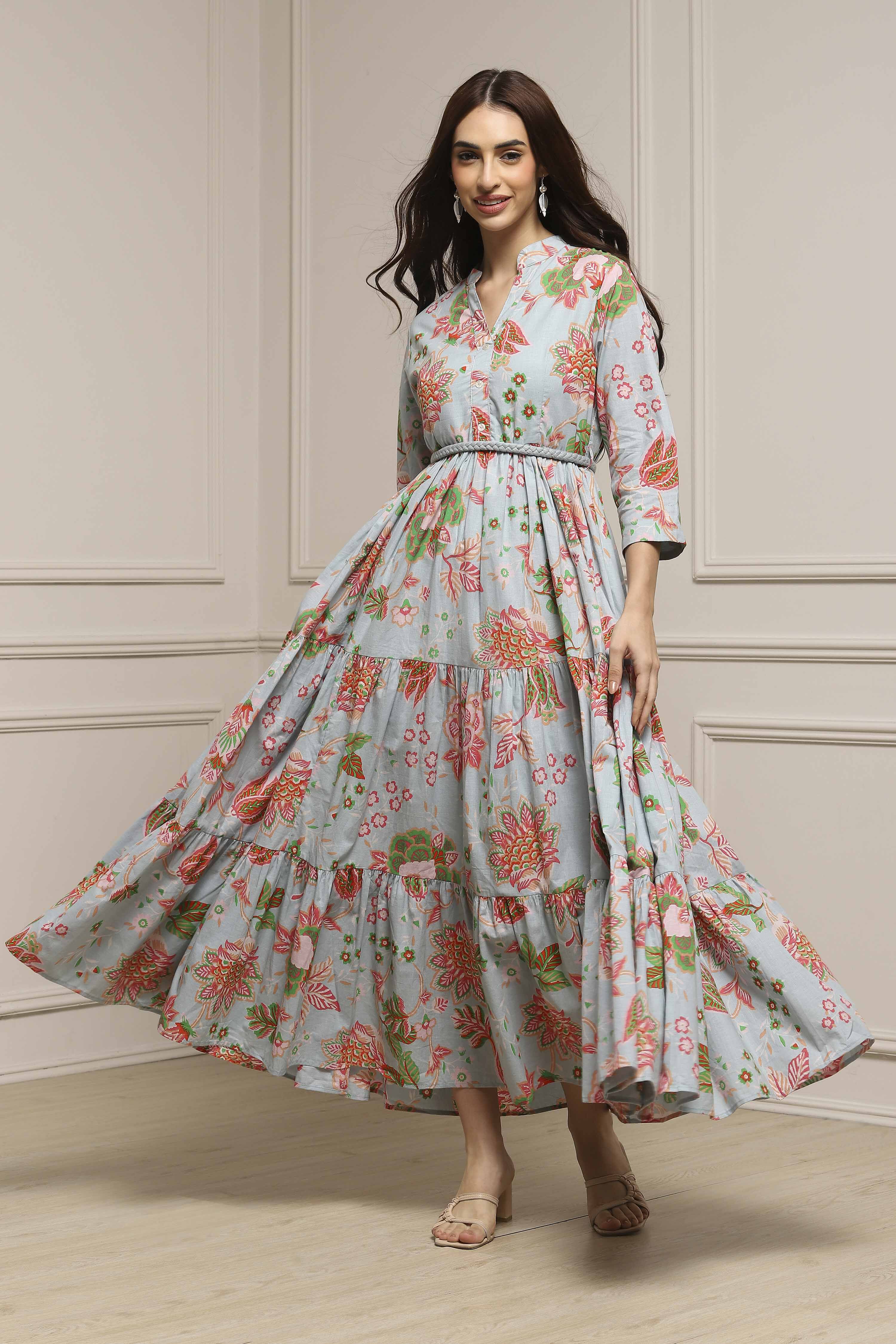 Light Blue Cotton Floral Tiered Dress image number 0
