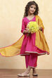 Pink Polyester Yarndyed Gathered Suit Set