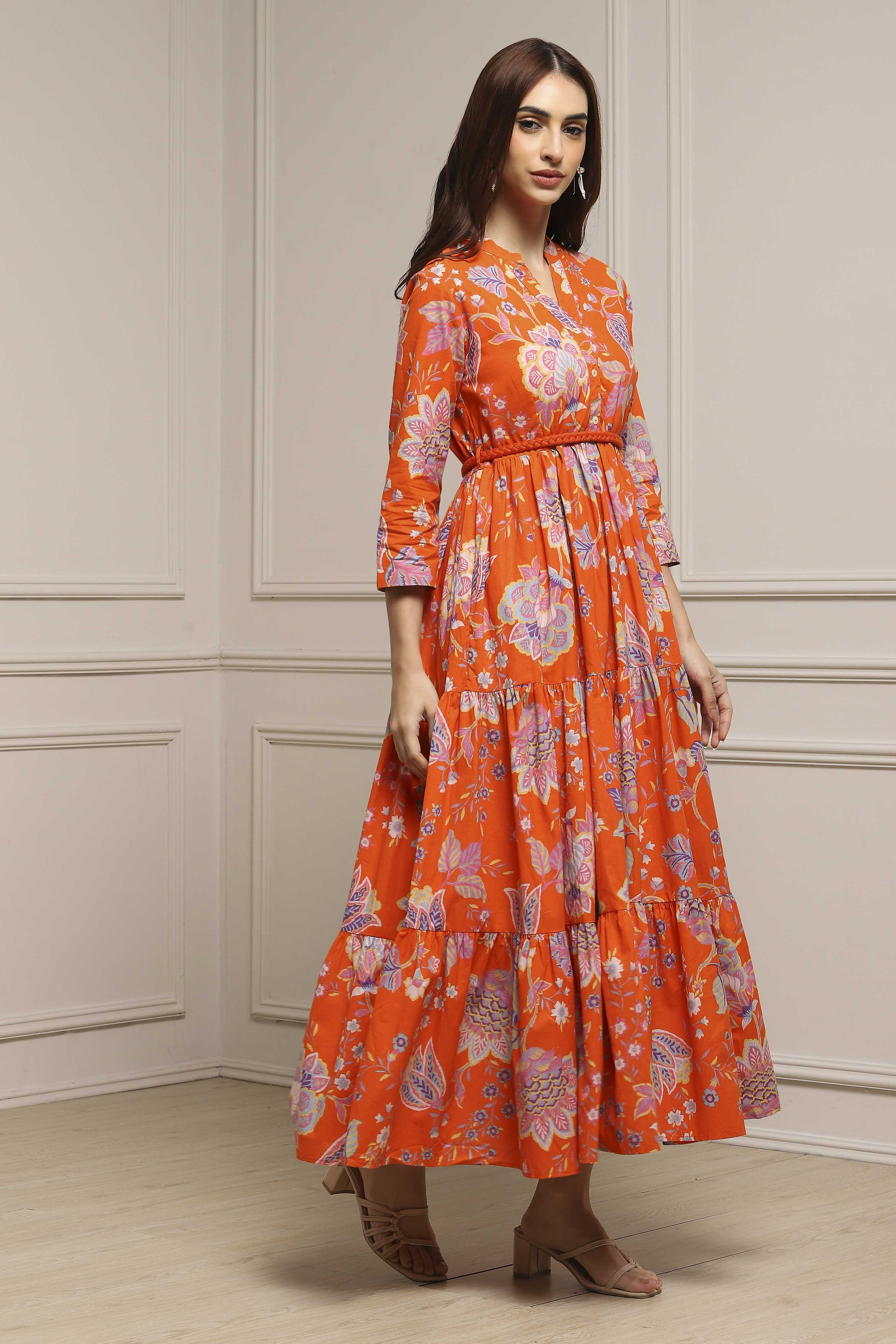 Earthy Blue Cotton Floral Tiered Dress image number 4