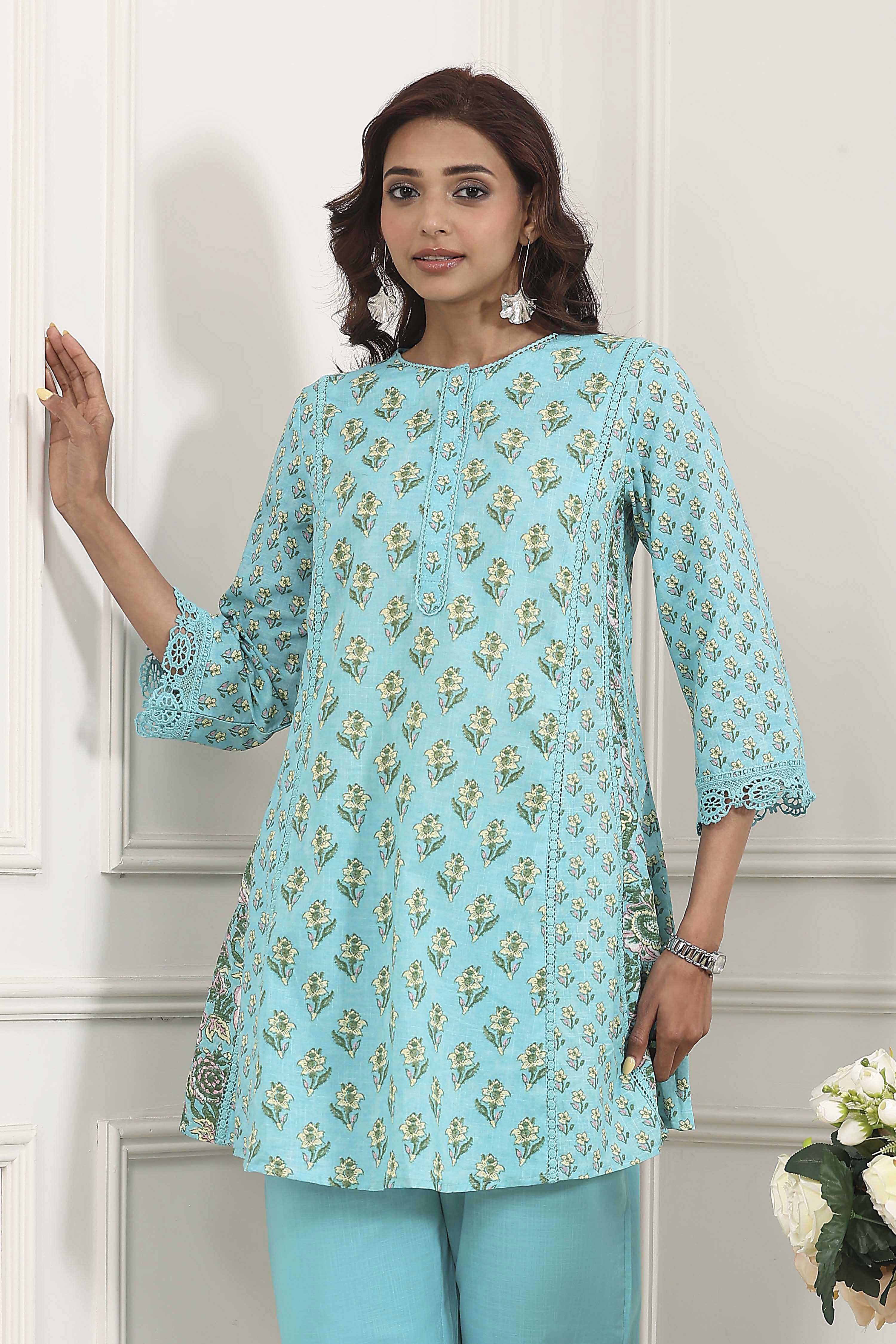 Turquoise Cotton Printed Kalidar Kurta Set image number 7