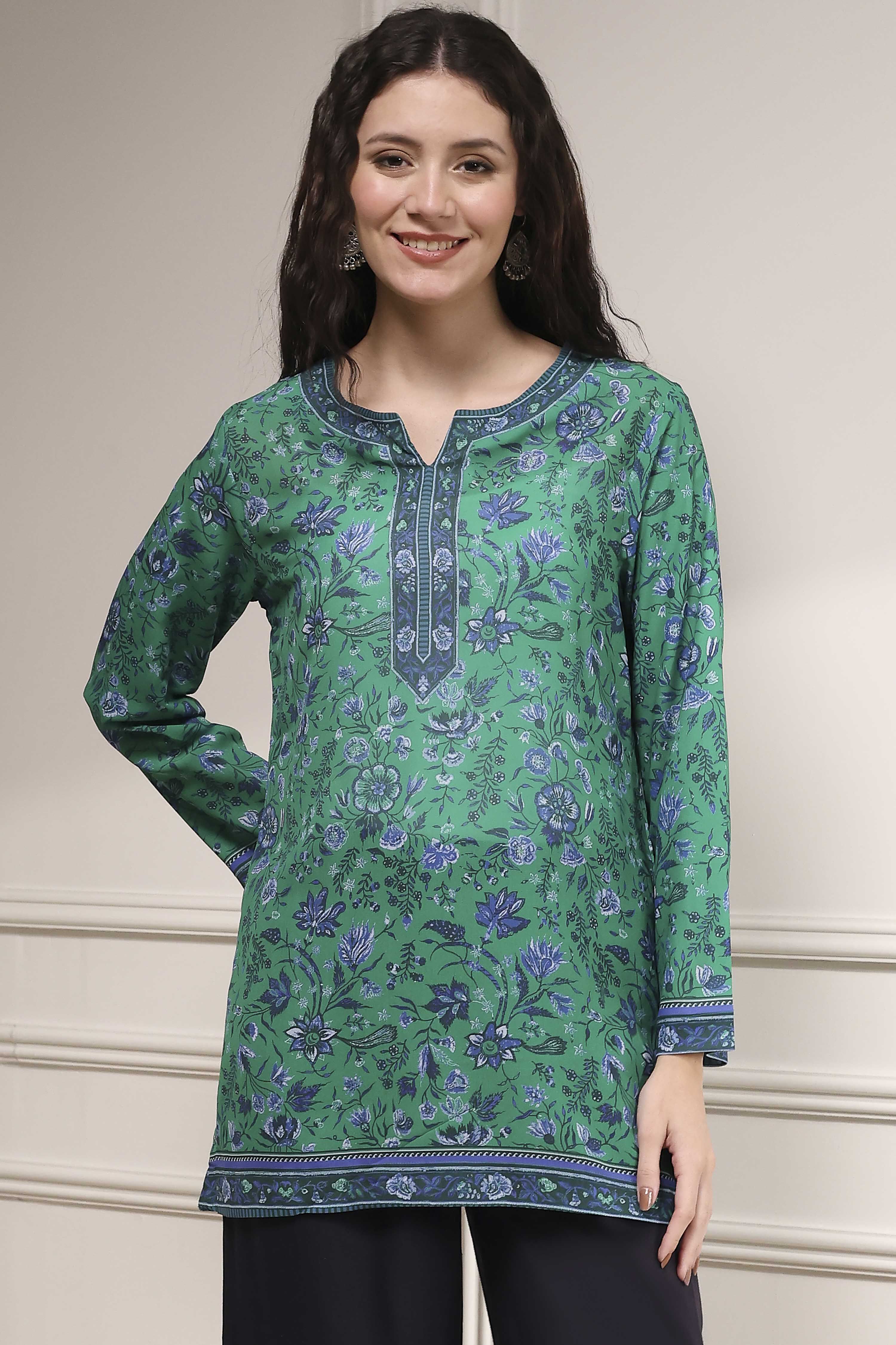 Turquoise Printed Straight Short Kurta image number 5