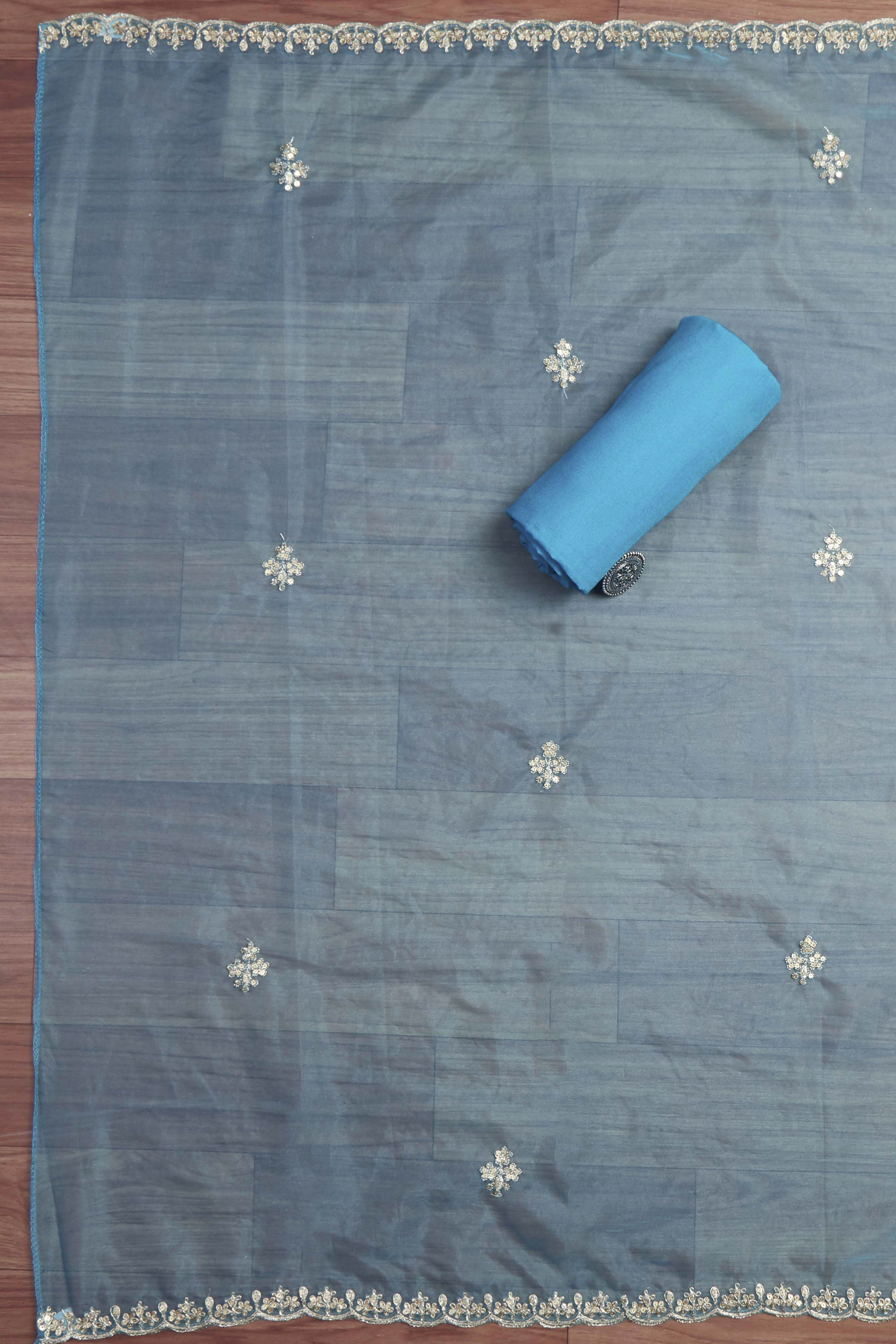 Blue Organza Rajasthani Print Unstitched Suit Set image number 3