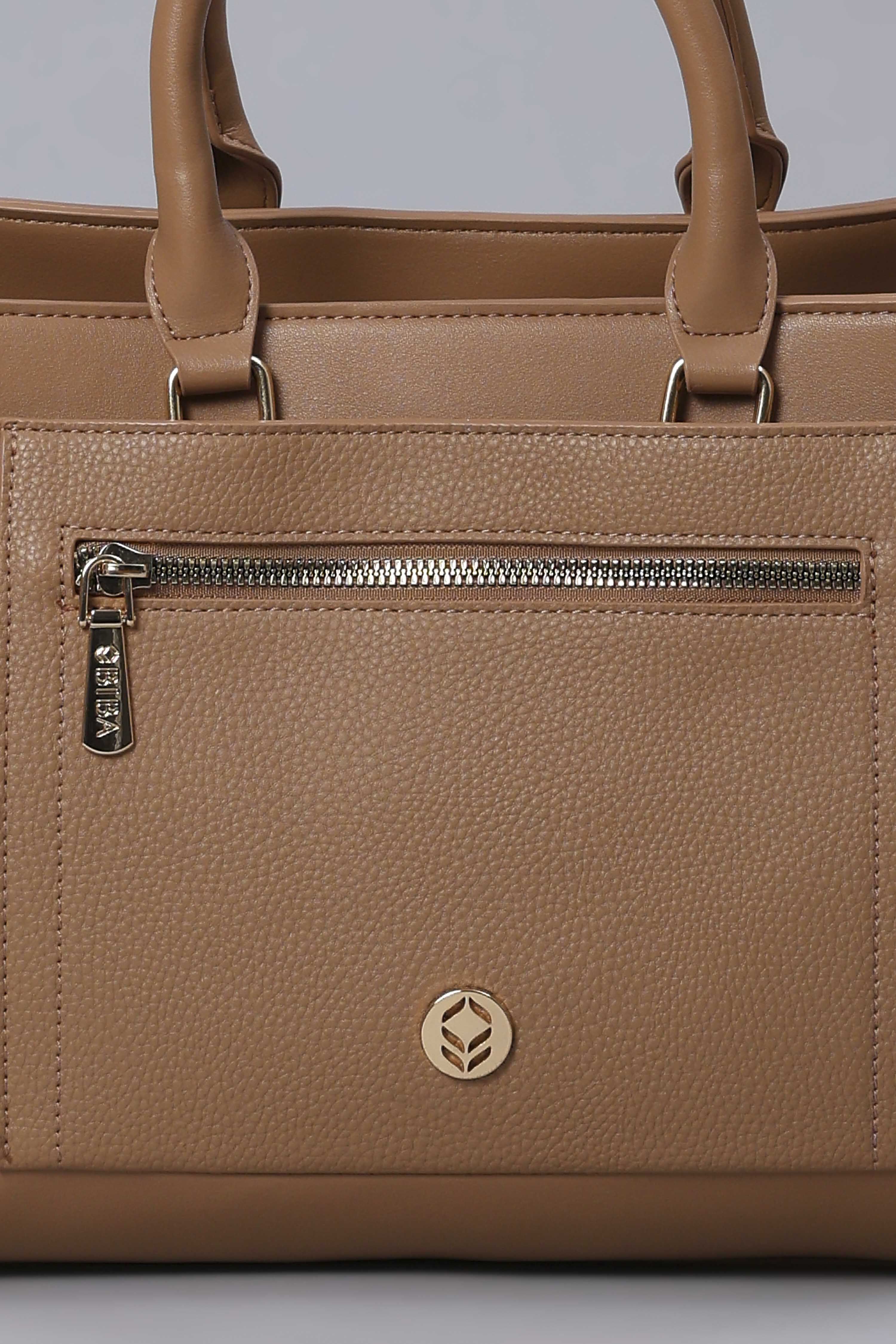 Brown PU Solid Structured Handheld Bag image number 6