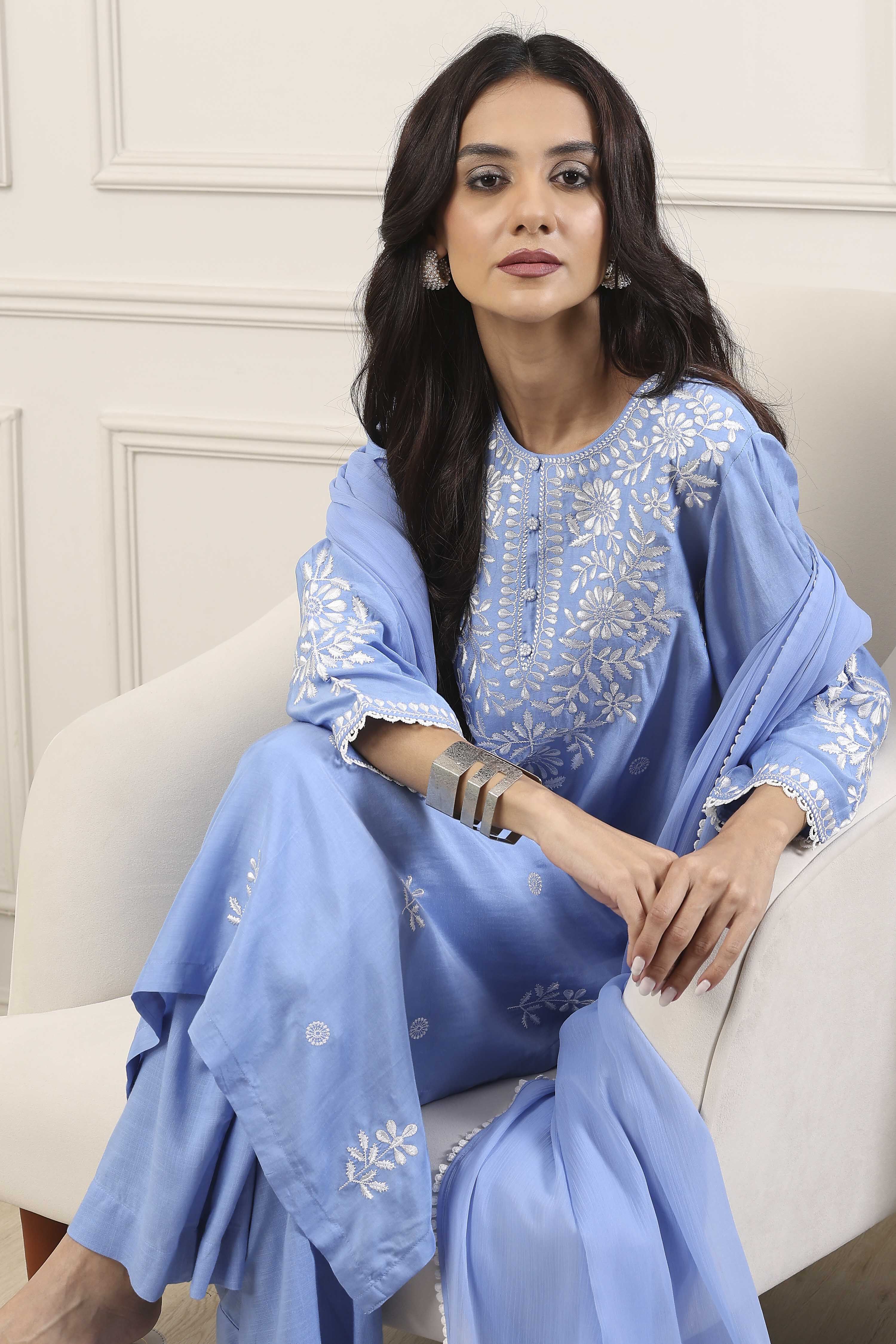 Blue Poly Viscose Floral Embroidered Straight Suit Set image number 0