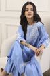 Blue Poly Viscose Floral Embroidered Straight Suit Set