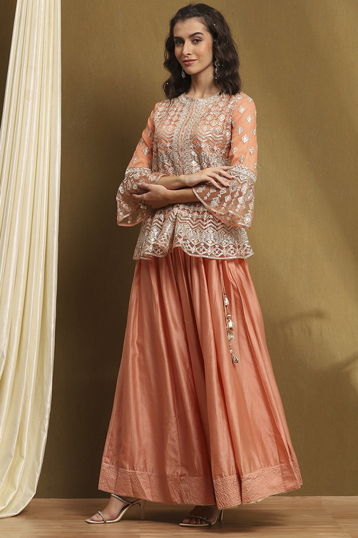 Peach Net Peplum Kurta Lehenga Set