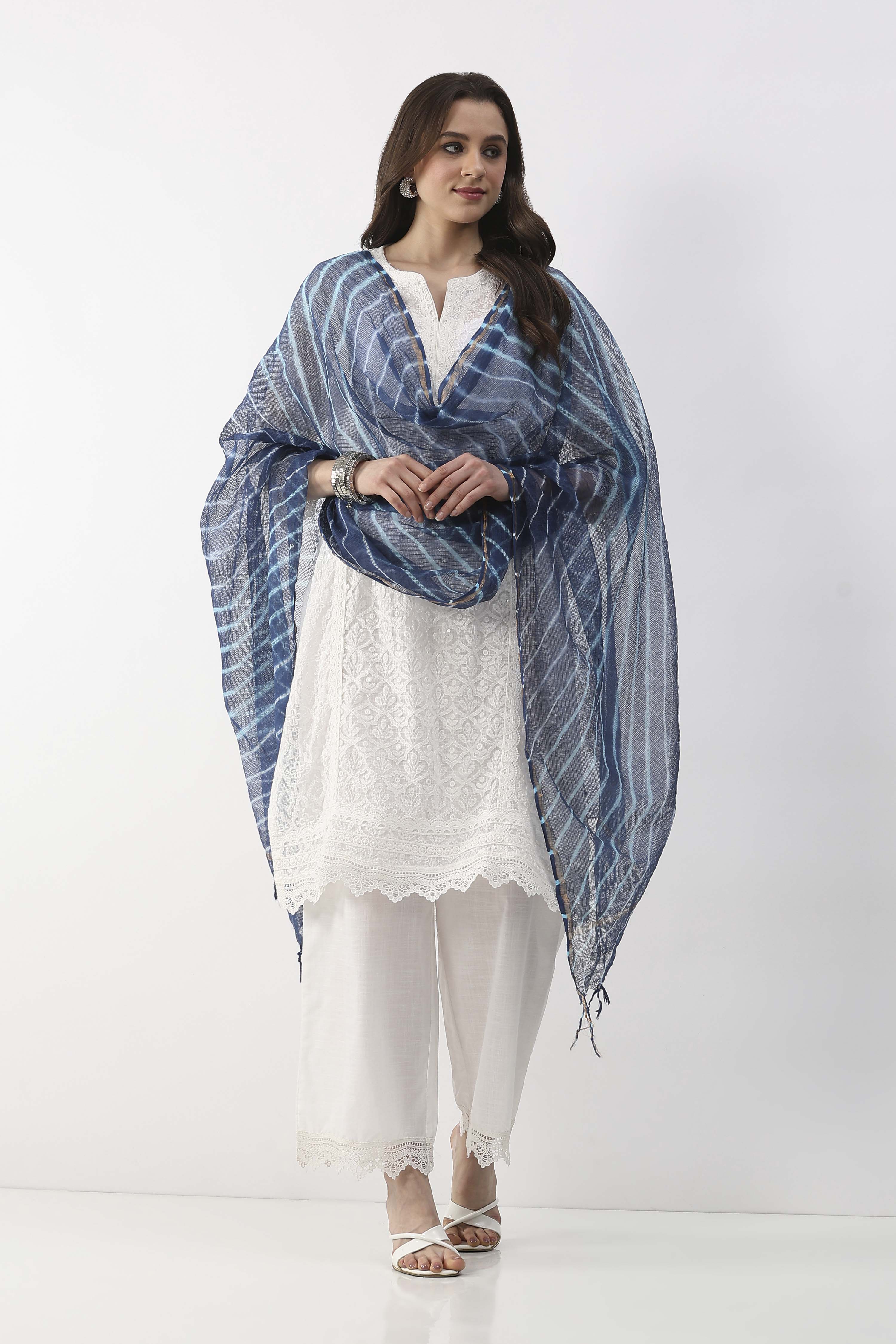 Blue & White All-Over Striped Dupatta image number 0