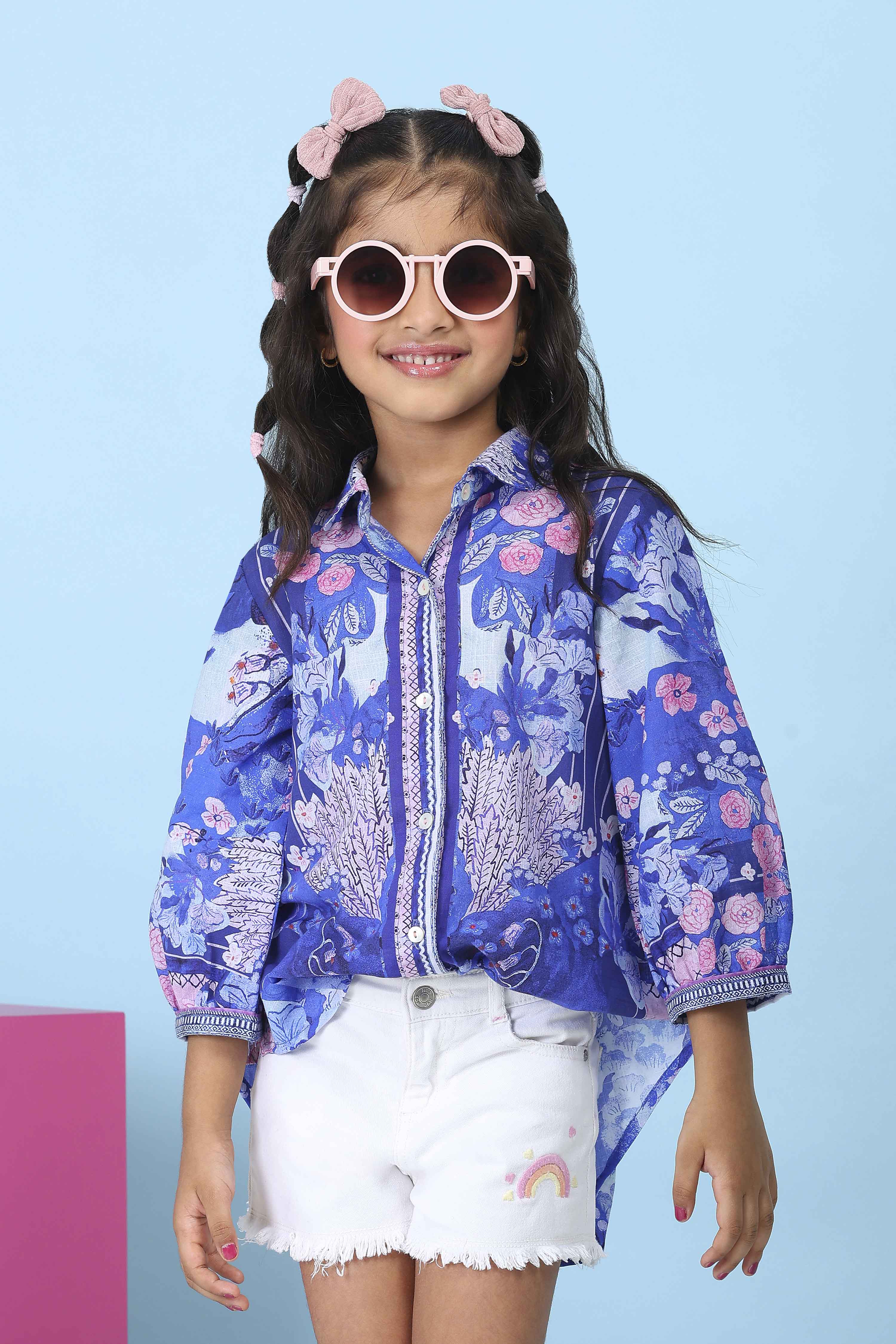 Blue Cotton Floral Printed Shirt image number 5