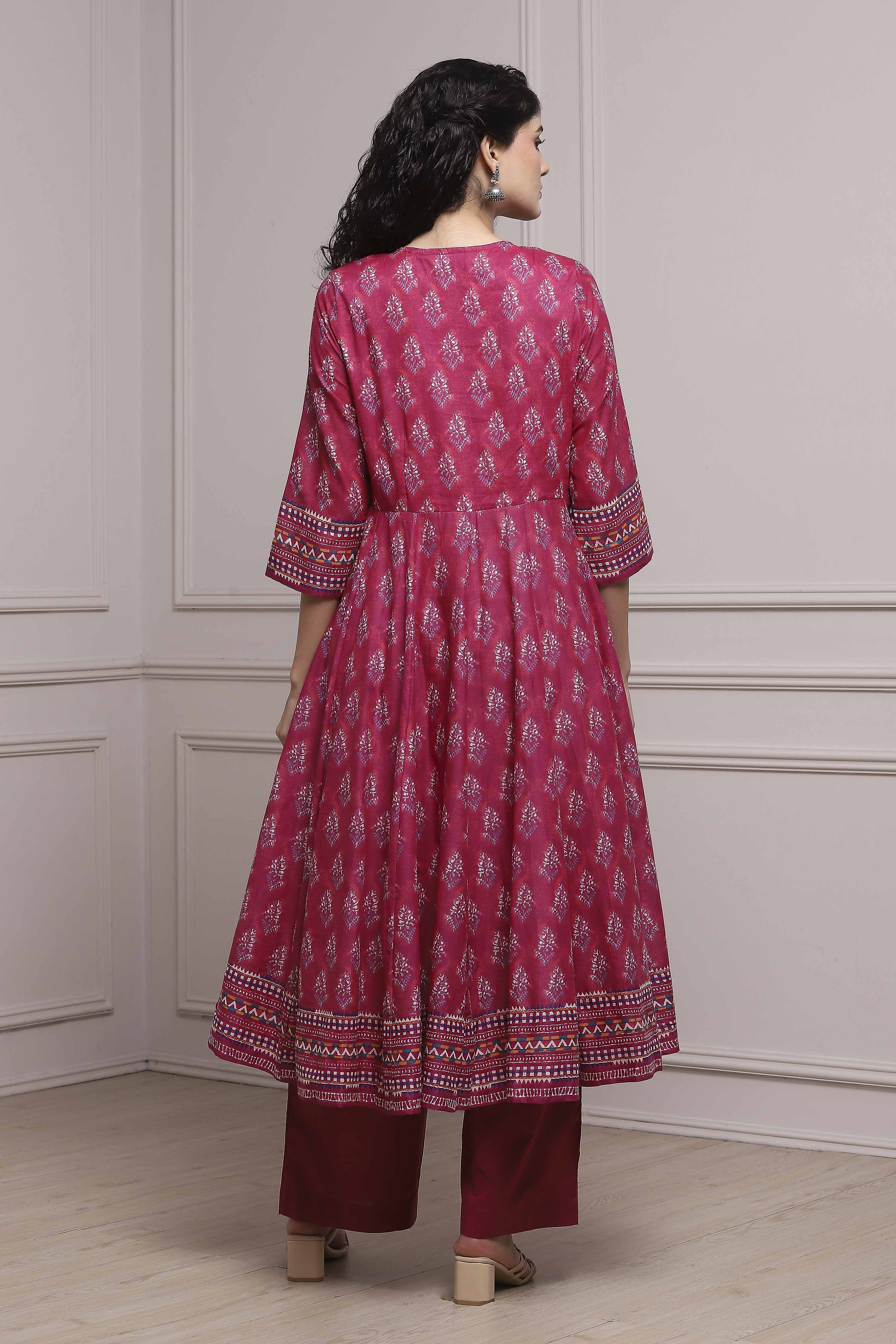 Magenta Cotton Printed Anarkali Suit Set image number 4