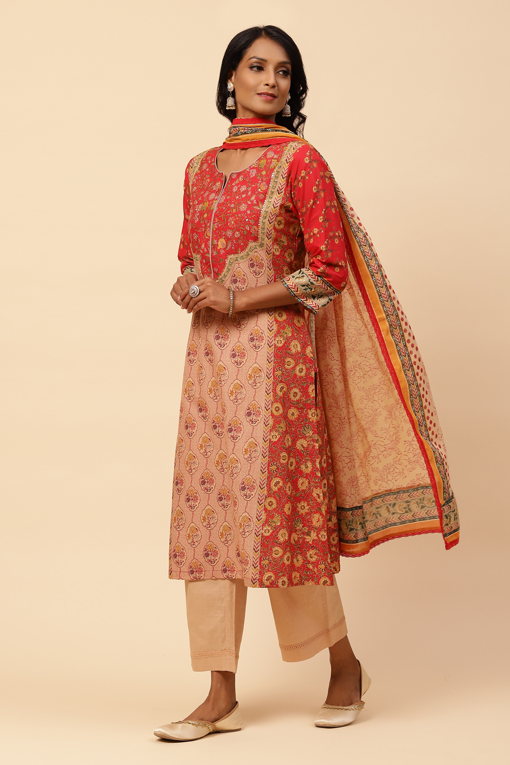 Khaki Cotton Straight Kurta Narrow Palazzo Suit Set image number 5