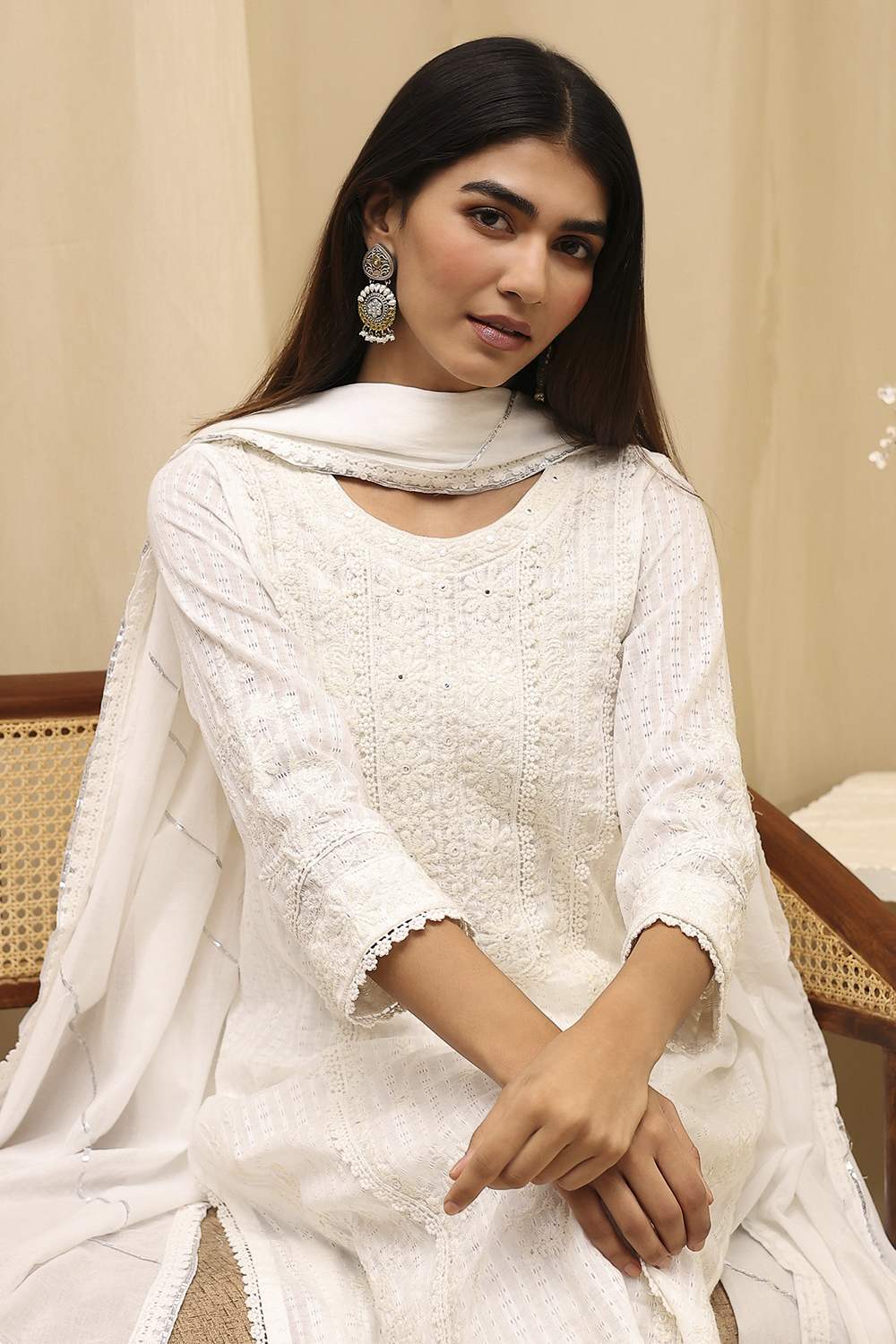 Off White Cotton Straight Embroidered Fusion Set image number 0