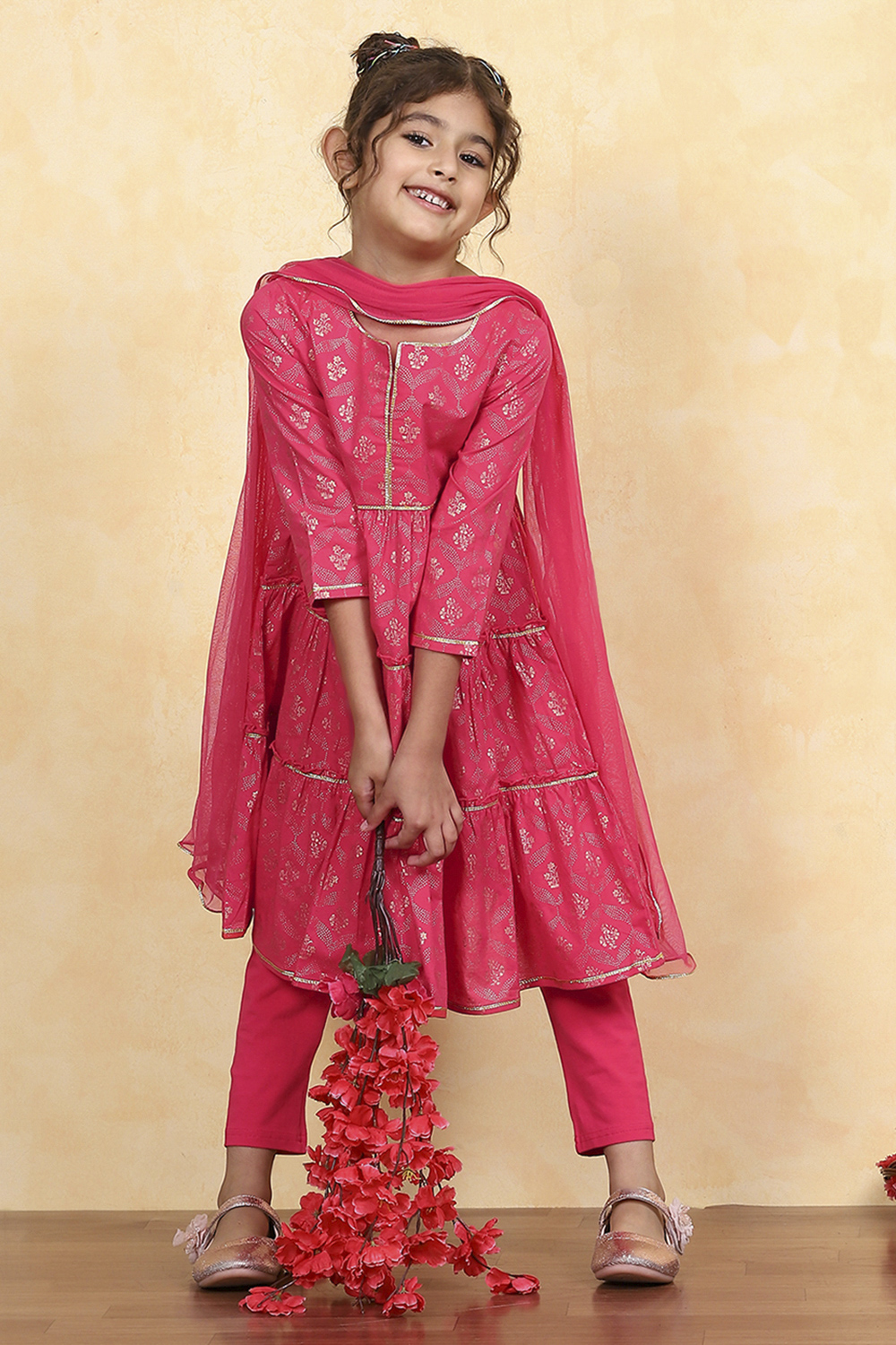 Blue Cotton Tiered Printed Kurta Churidar Set image number 0