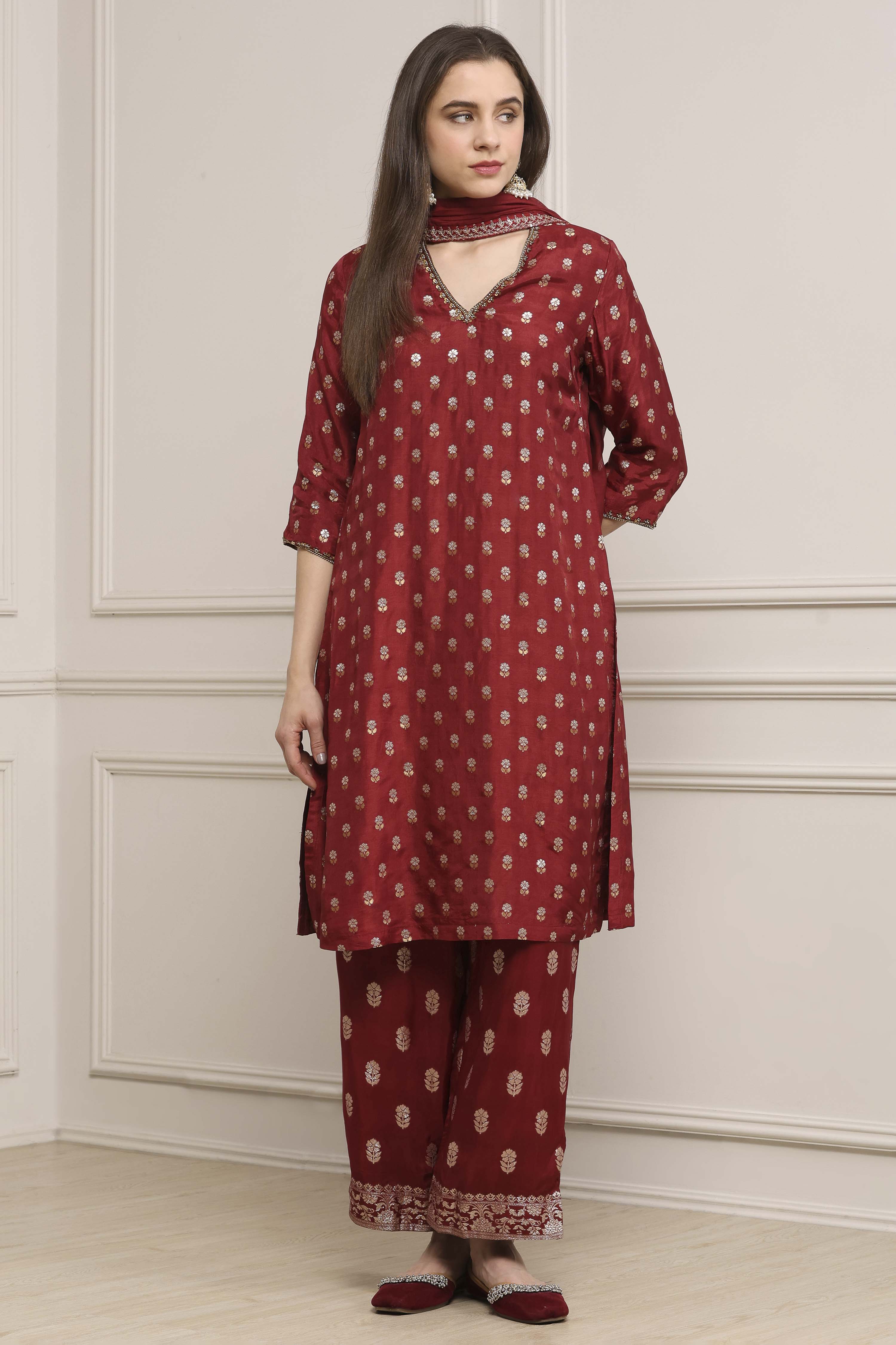 Purple Viscose Dupion Printed Straight Suit Set image number 6