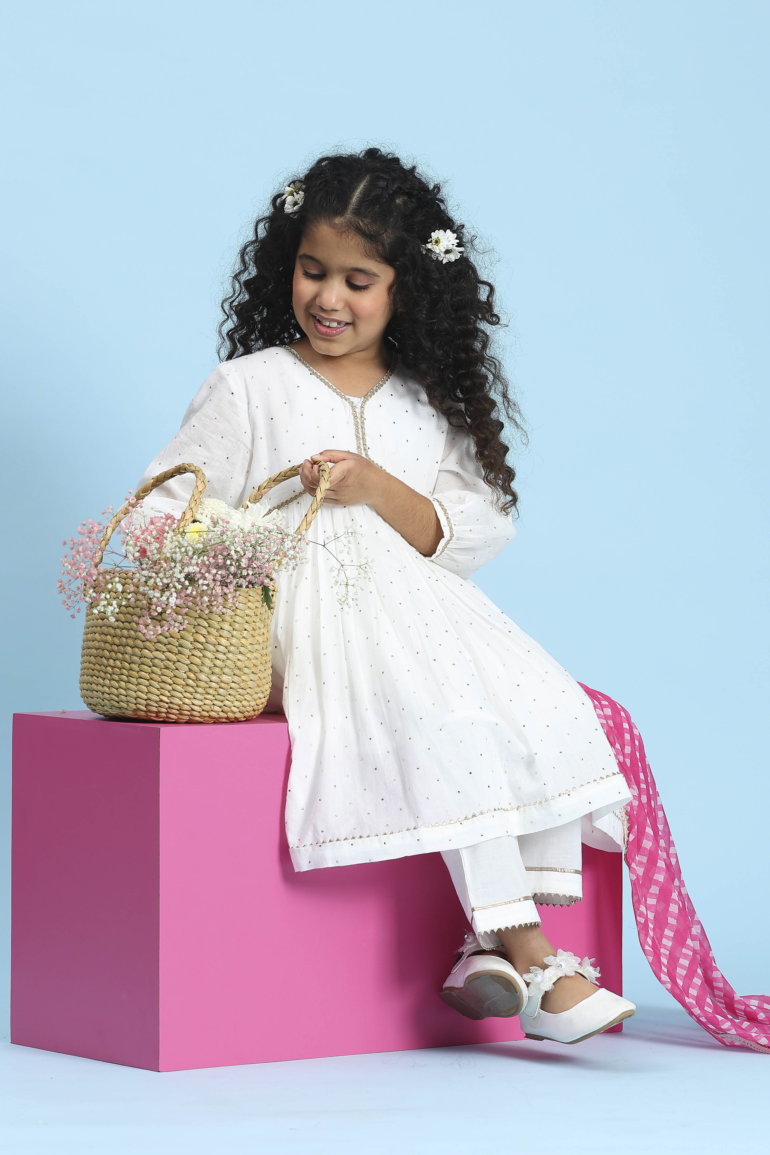 Off-White Cotton Metallic Pattern Anarkali Suit Set image number 6