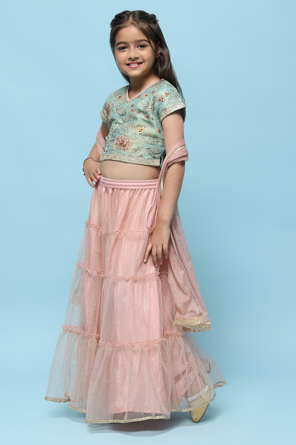 Green Cotton Tissue Blouse Tiered Lehenga & Net Dupatta image number 4