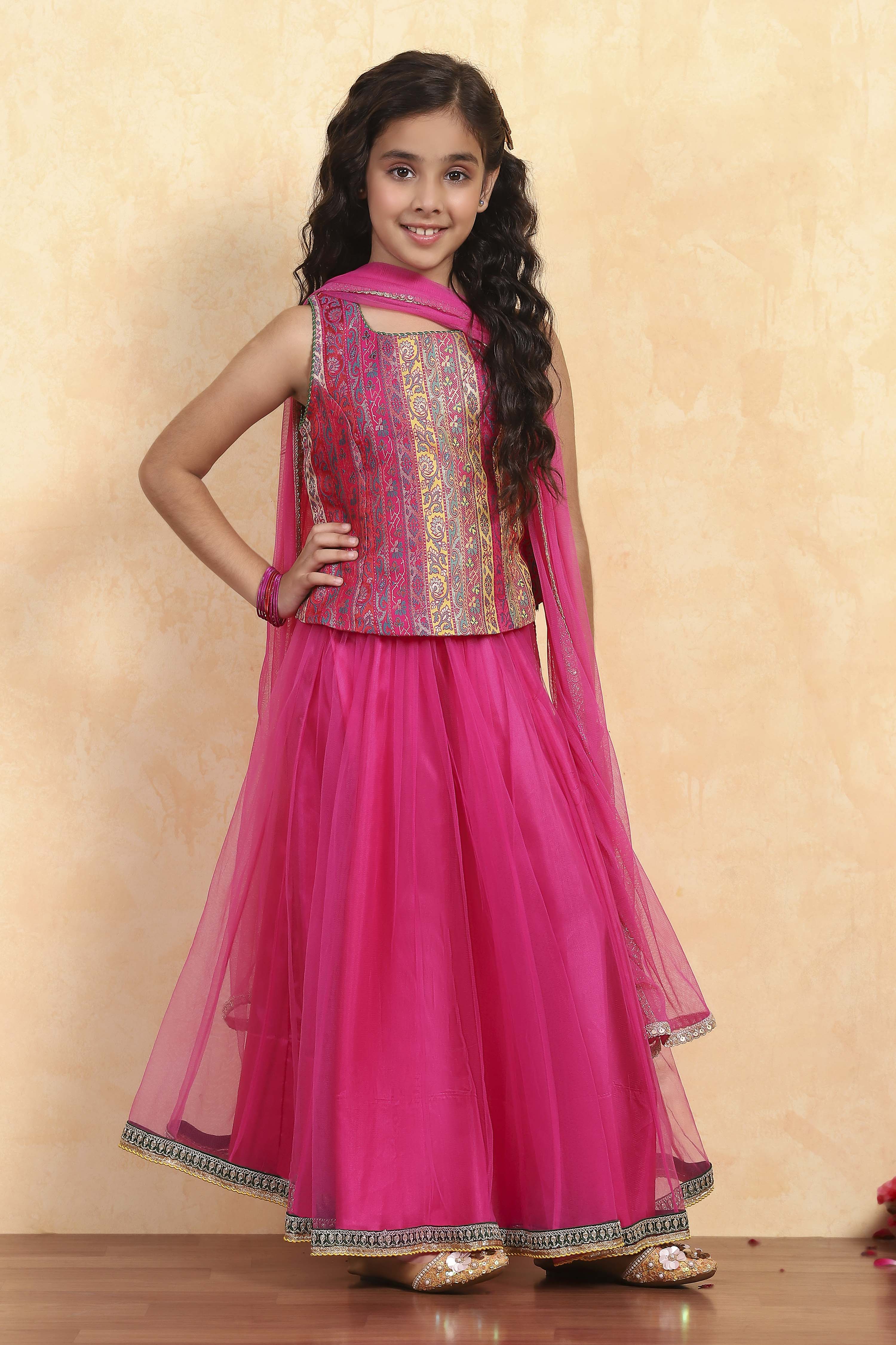 Pink Polyester Yarndyed Fitted Lehenga Set image number 0