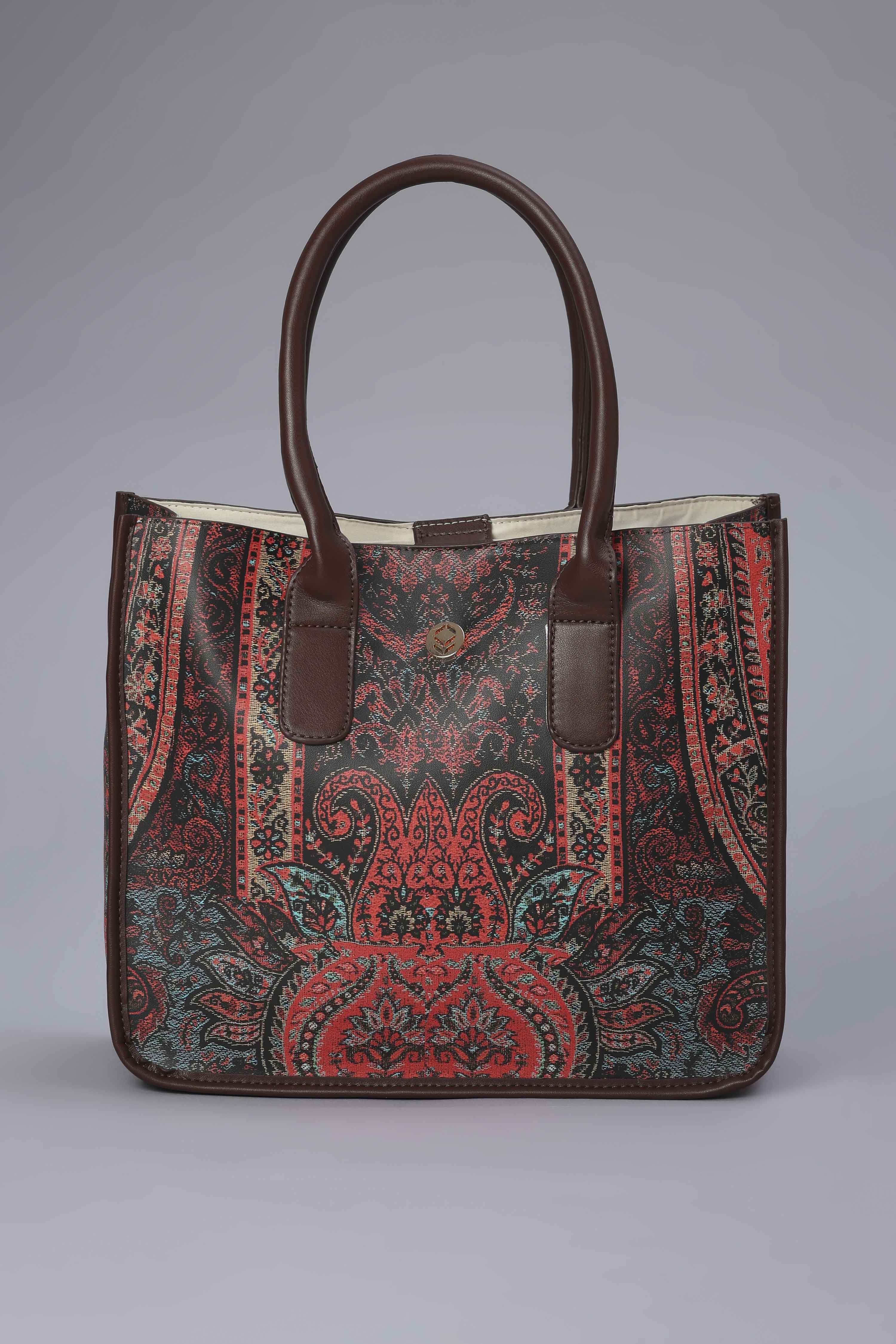 Brown PU Printed Structured Tote Bag image number 1