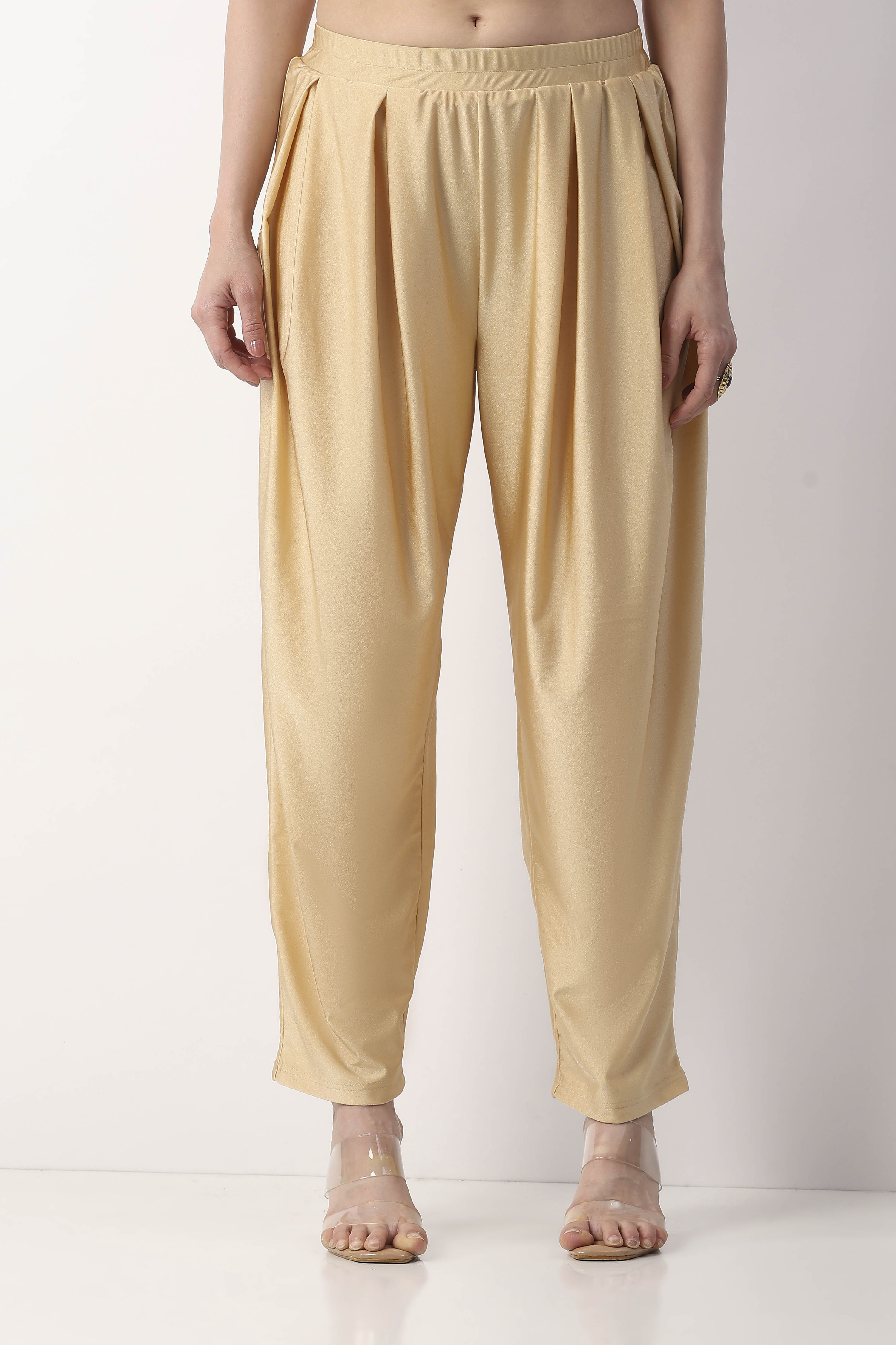 Gold-Toned Viscose Lycra Pleated Straight Palazzo image number 5