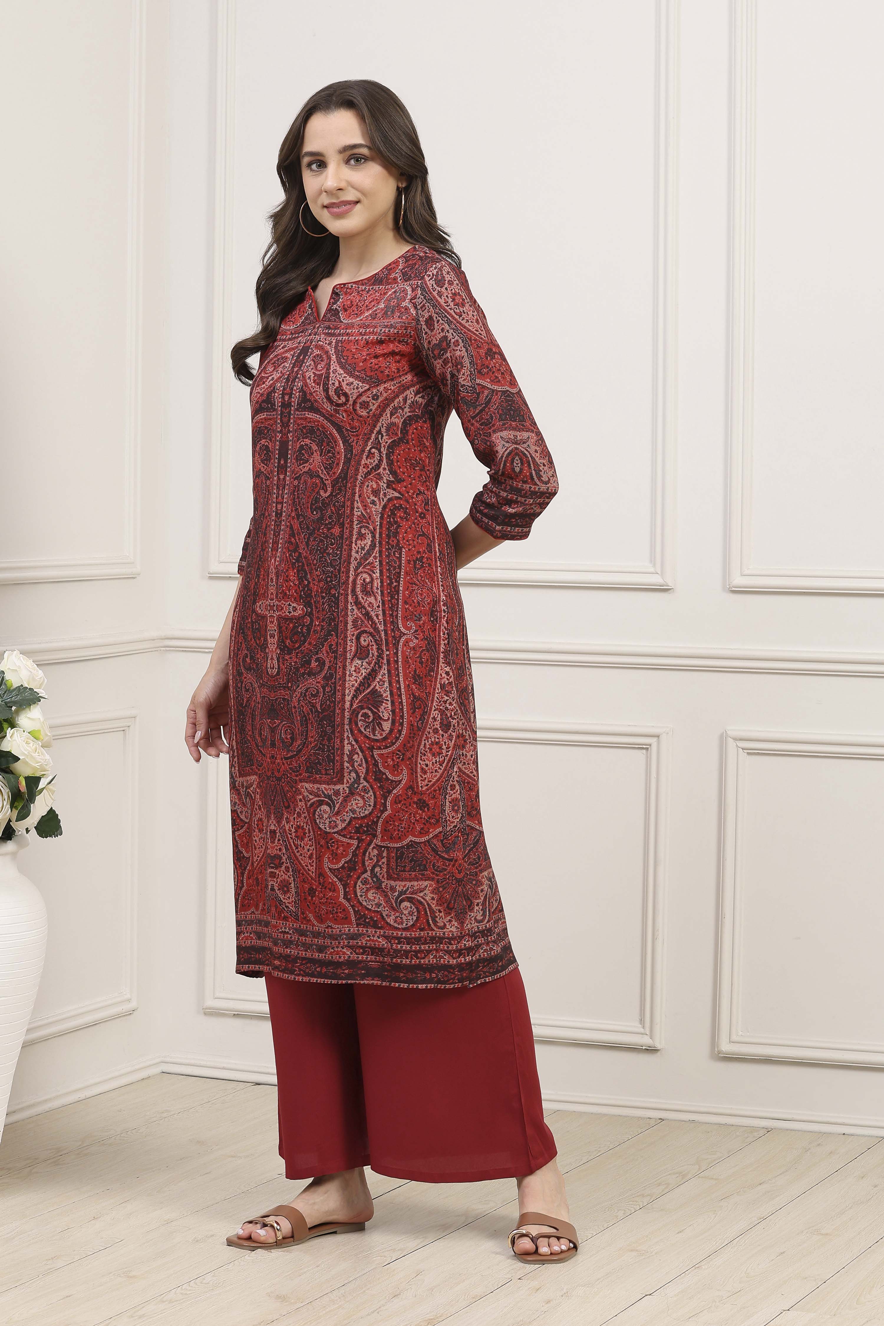 Dull Red LIVA Straight Printed Kurta image number 2