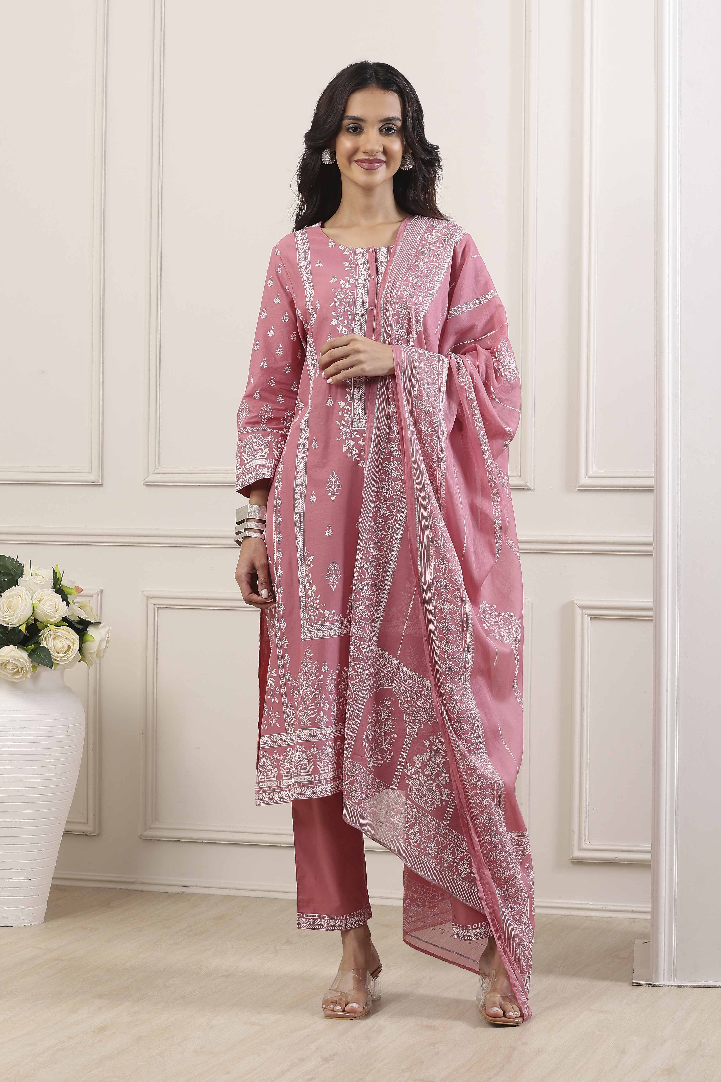 Turquoise Blue Cotton Floral Printed Straight Suit Set image number 6