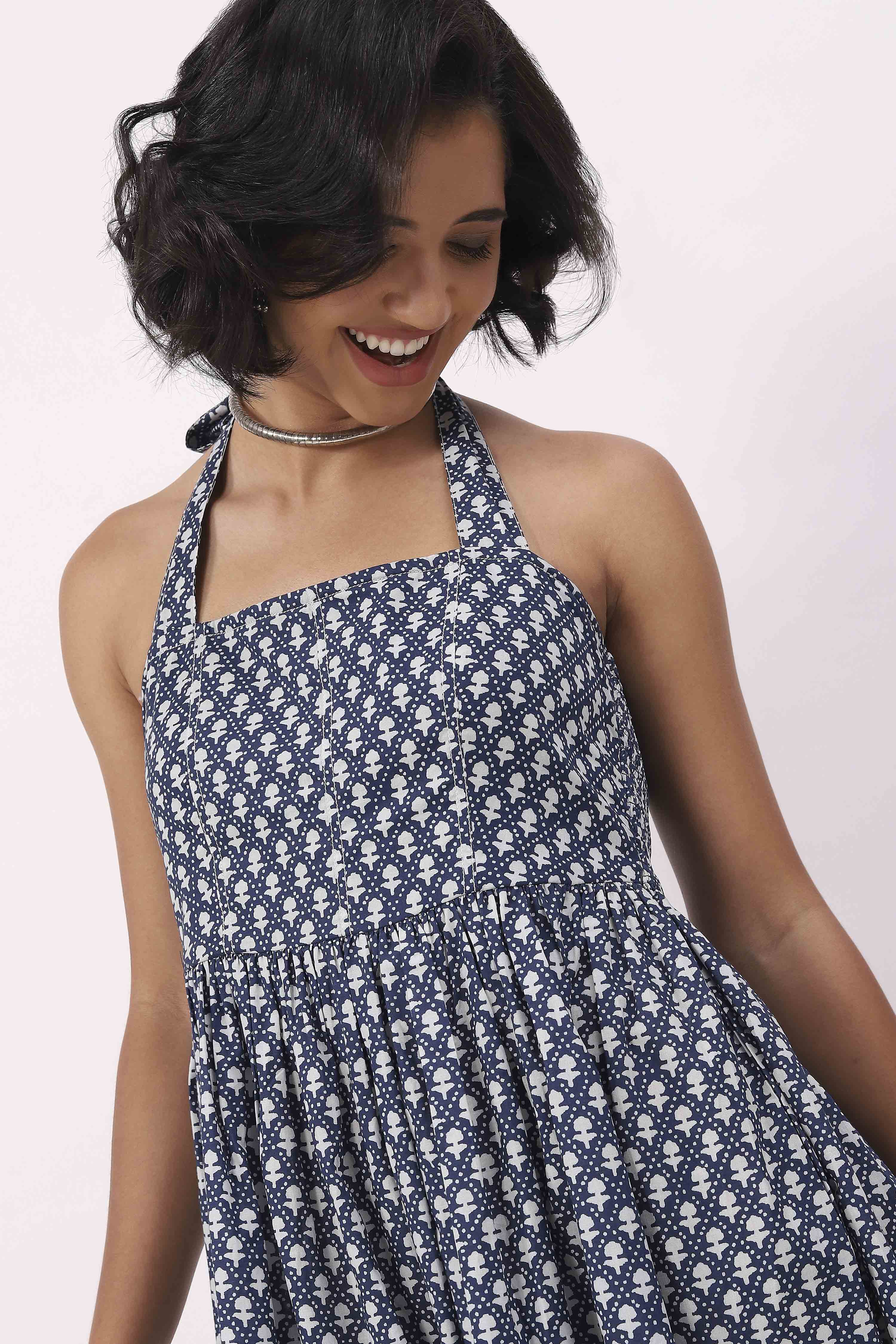 Indigo Cotton Ethnic Motif Printed Halter Midi Dress image number 1