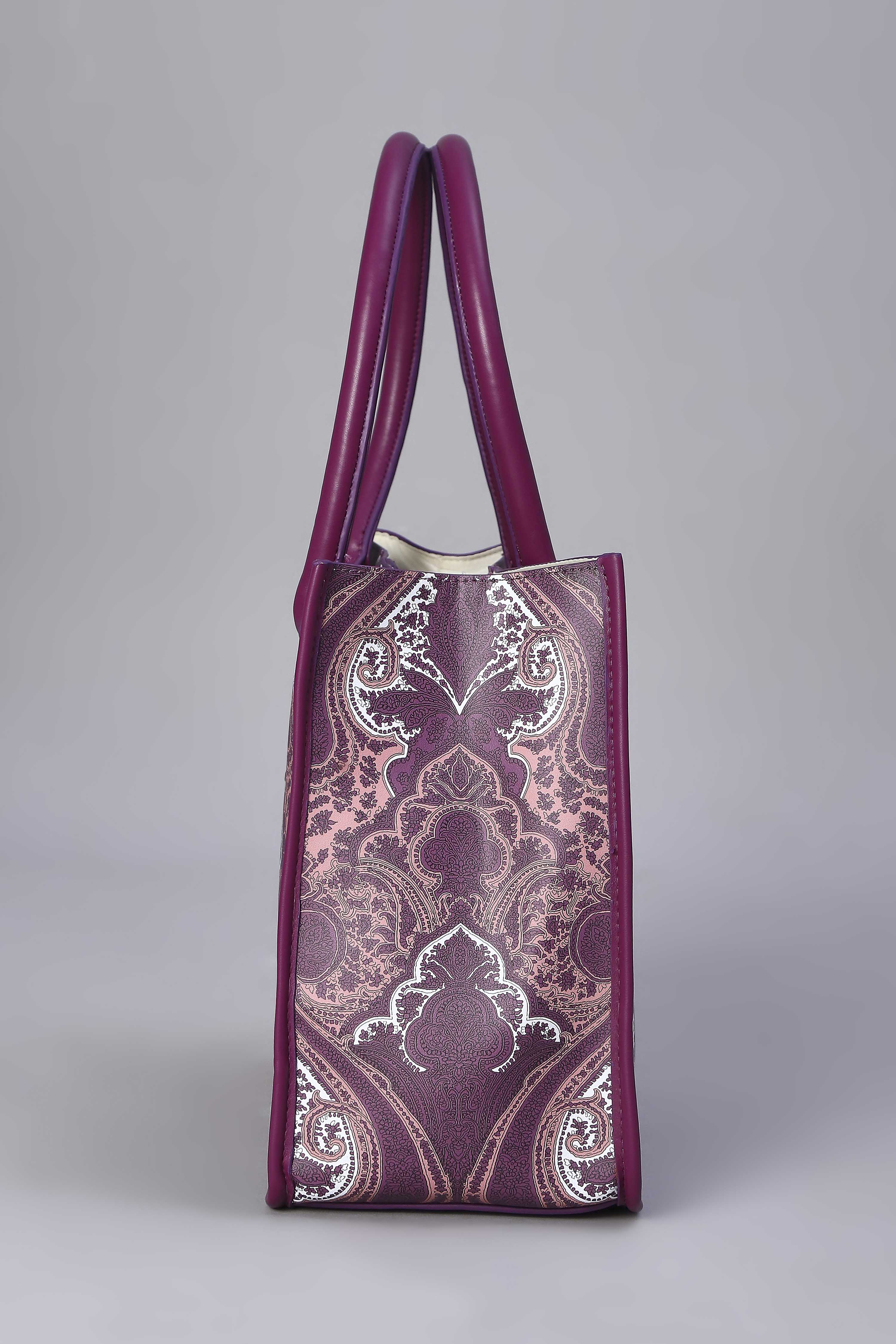 Magenta PU Printed Structured Tote Bag With Pouch image number 4