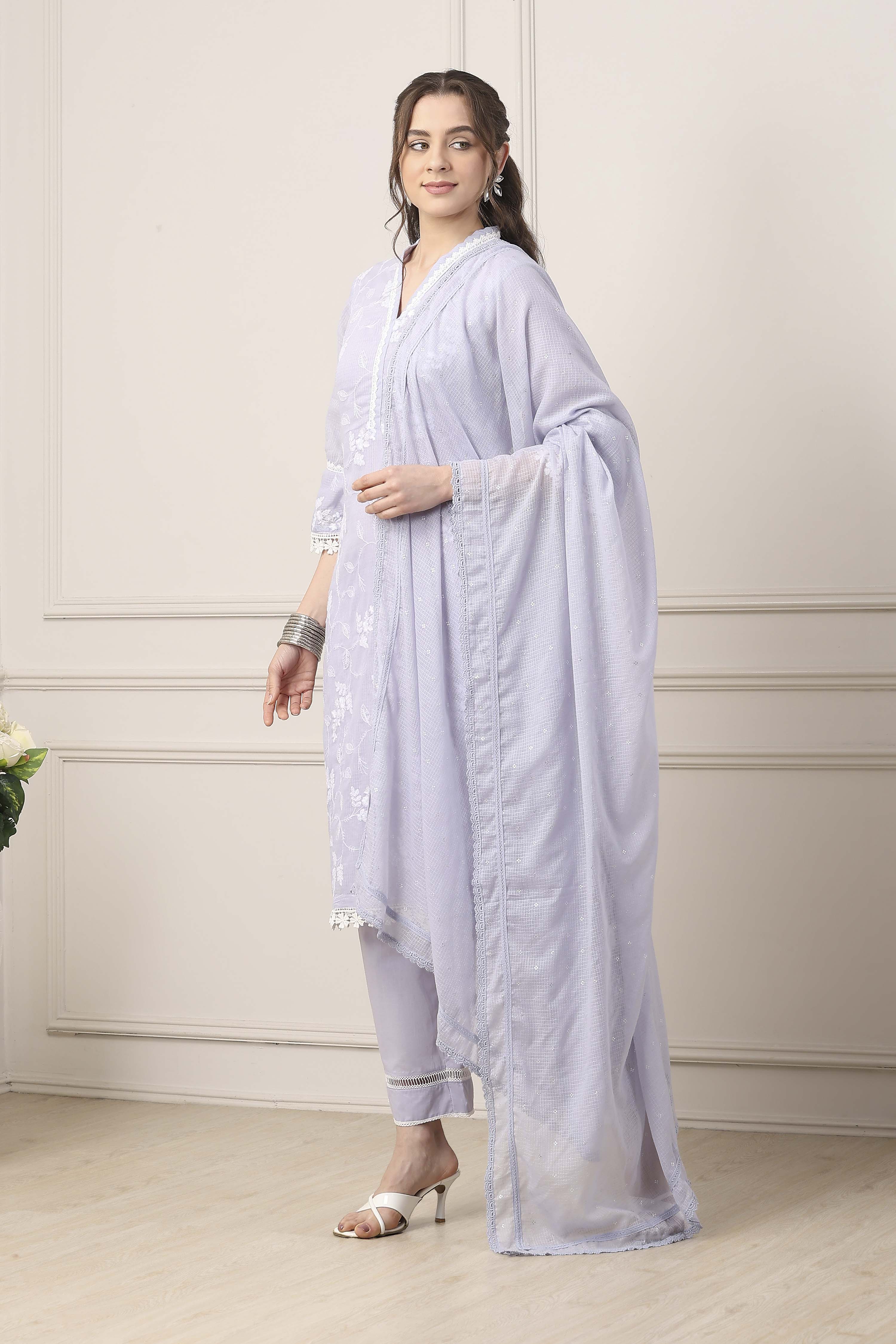 Lavender Cotton Floral Embroidered Straight Suit Set image number 3