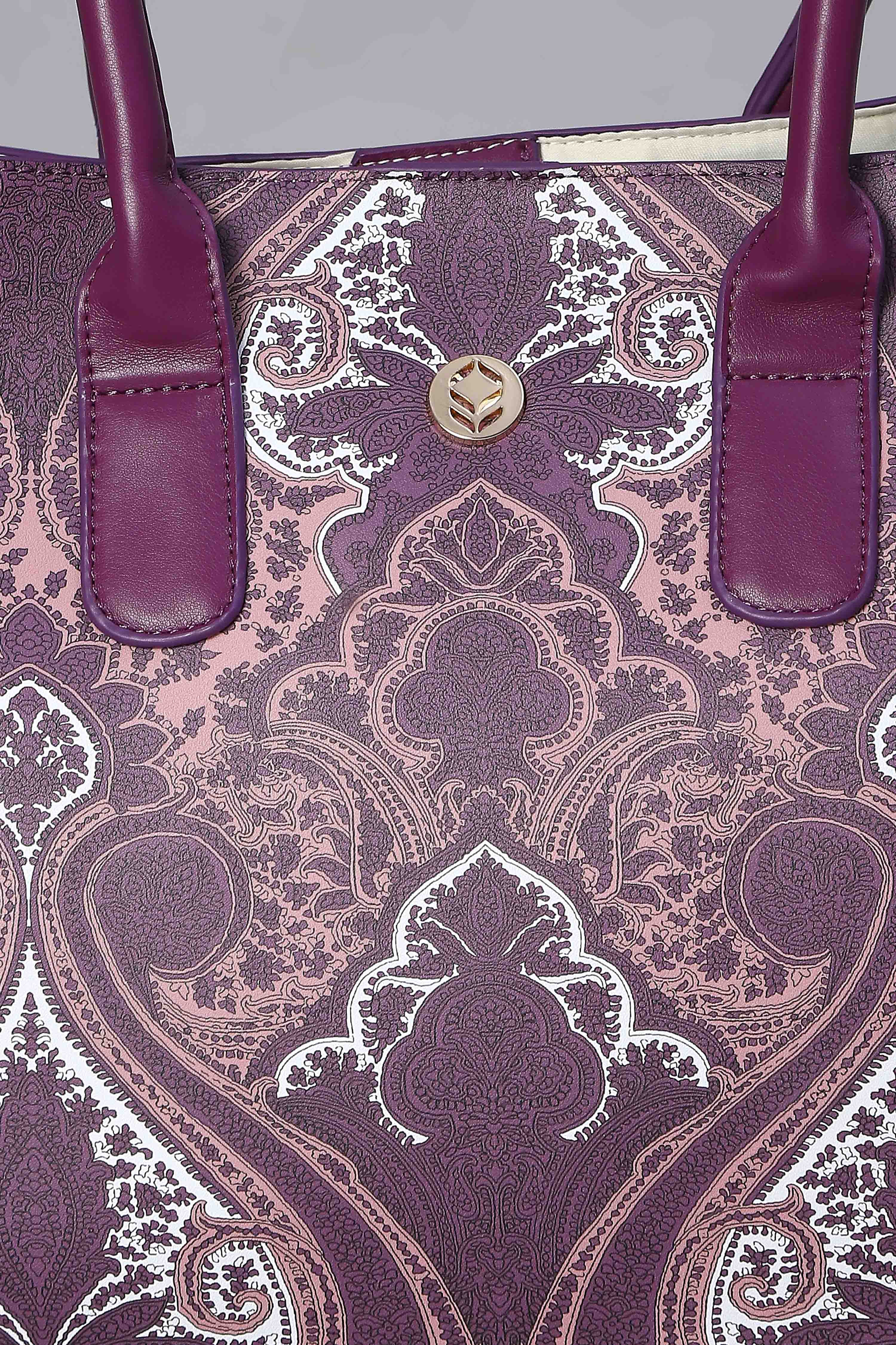 Magenta PU Printed Structured Tote Bag With Pouch image number 6