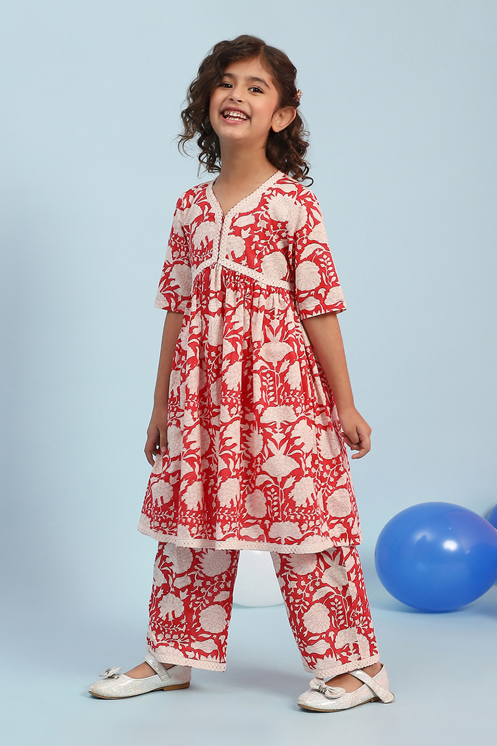 Blush Pink Cotton Printed Gathered Kurta Set image number 5