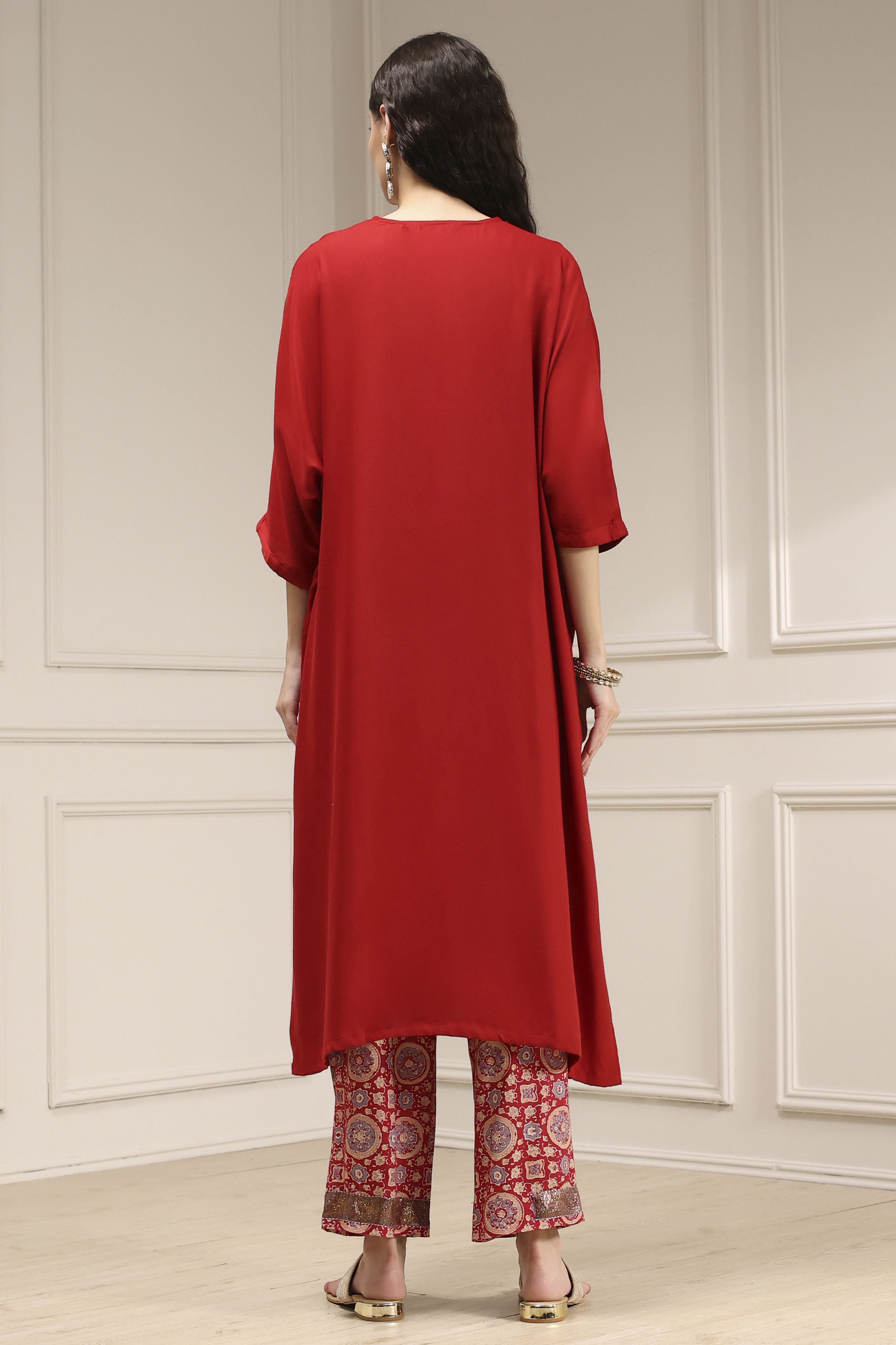 Purple Satin Solid Kaftan-Style Kurta Set image number 4