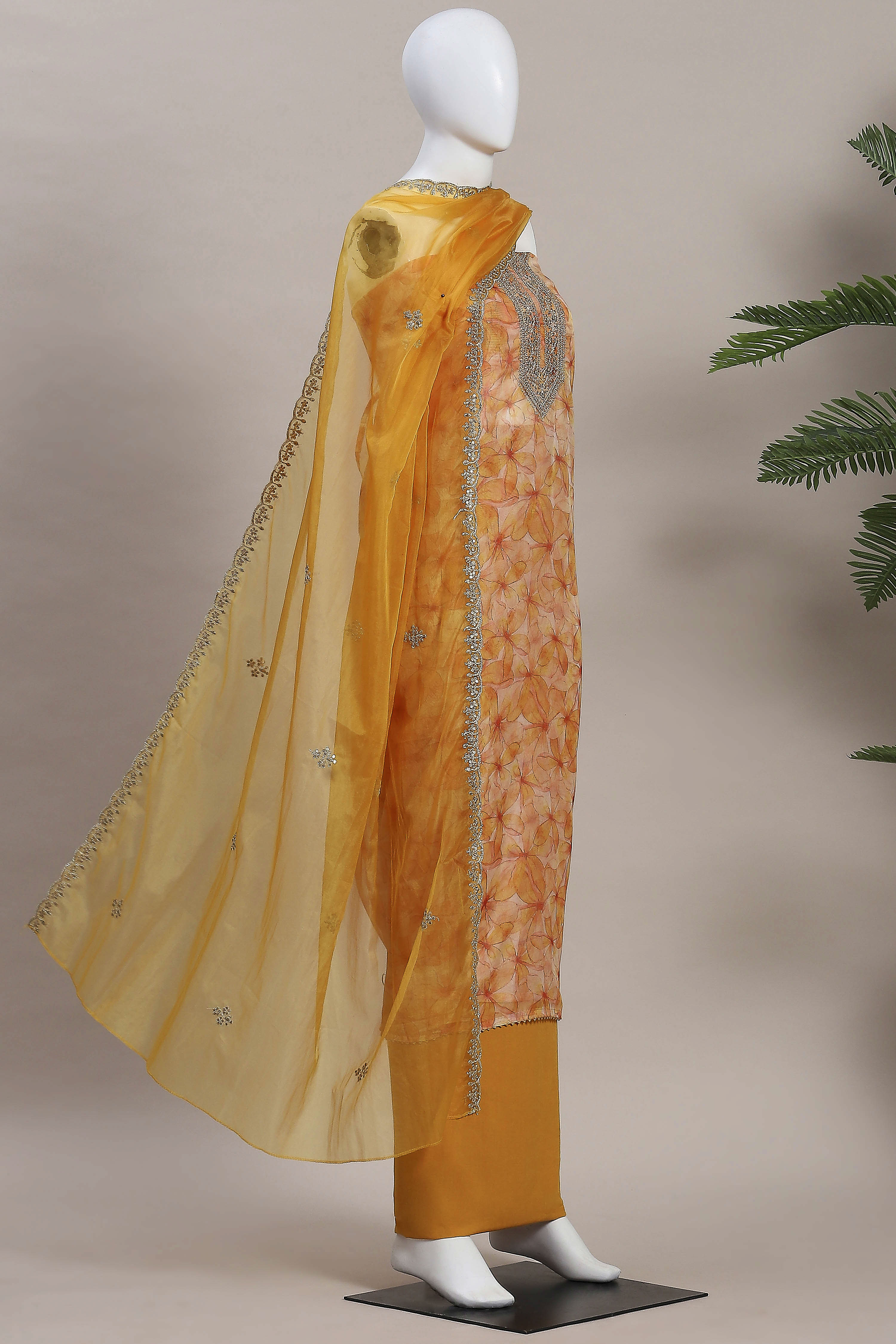 Old-Rose Organza Rajasthani Print Unstitched Suit Set image number 4