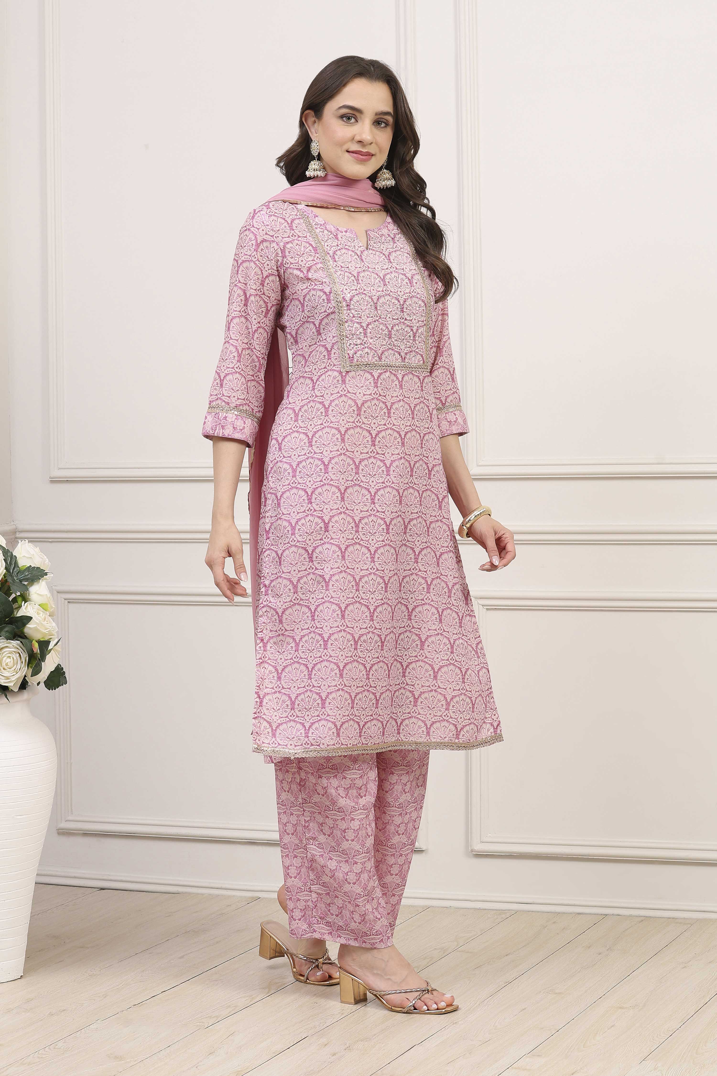 Pink Cotton Blend Straight Kurta Palazzo Suit Set image number 4