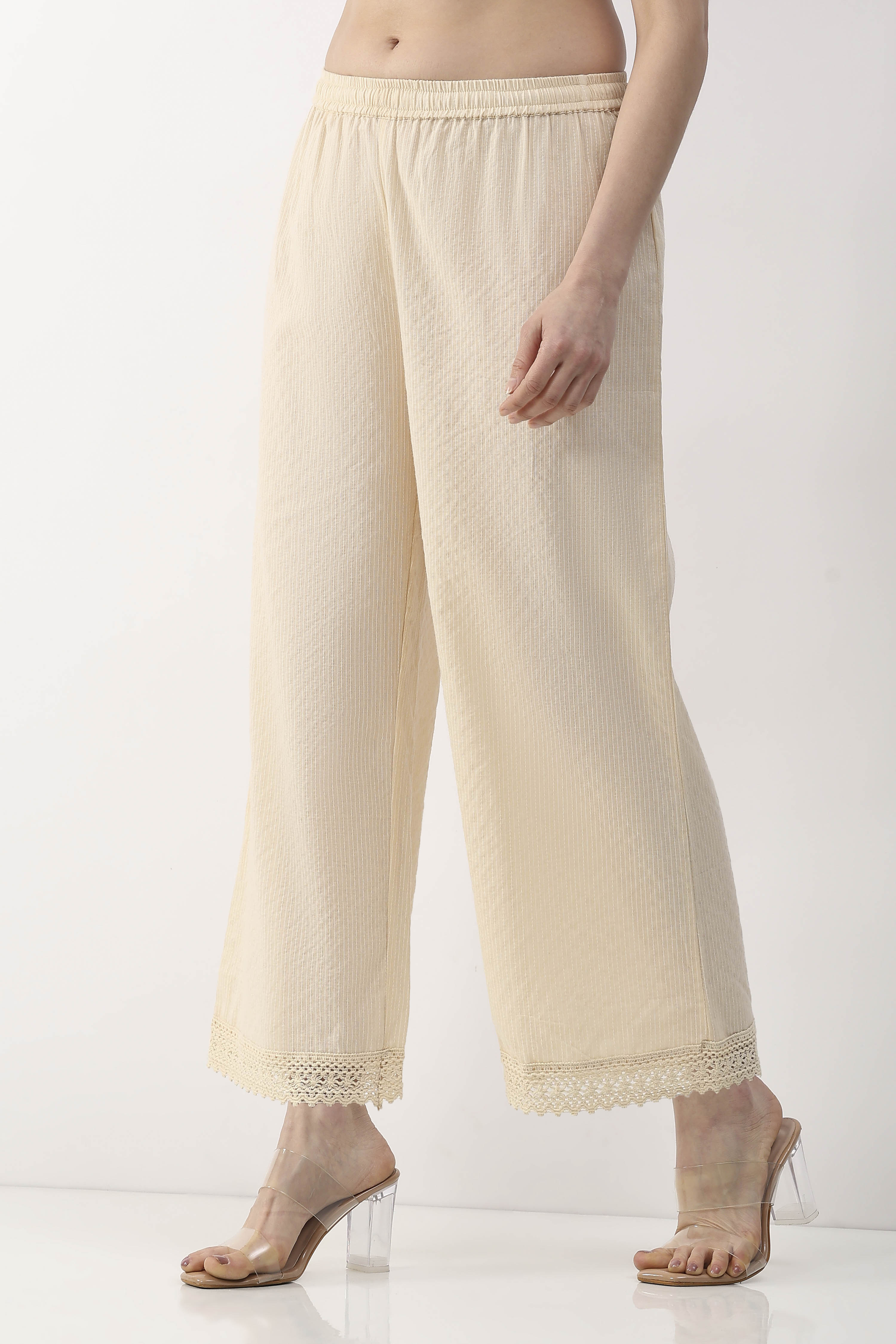 Beige Cotton Lace Trim Straight Palazzos image number 2