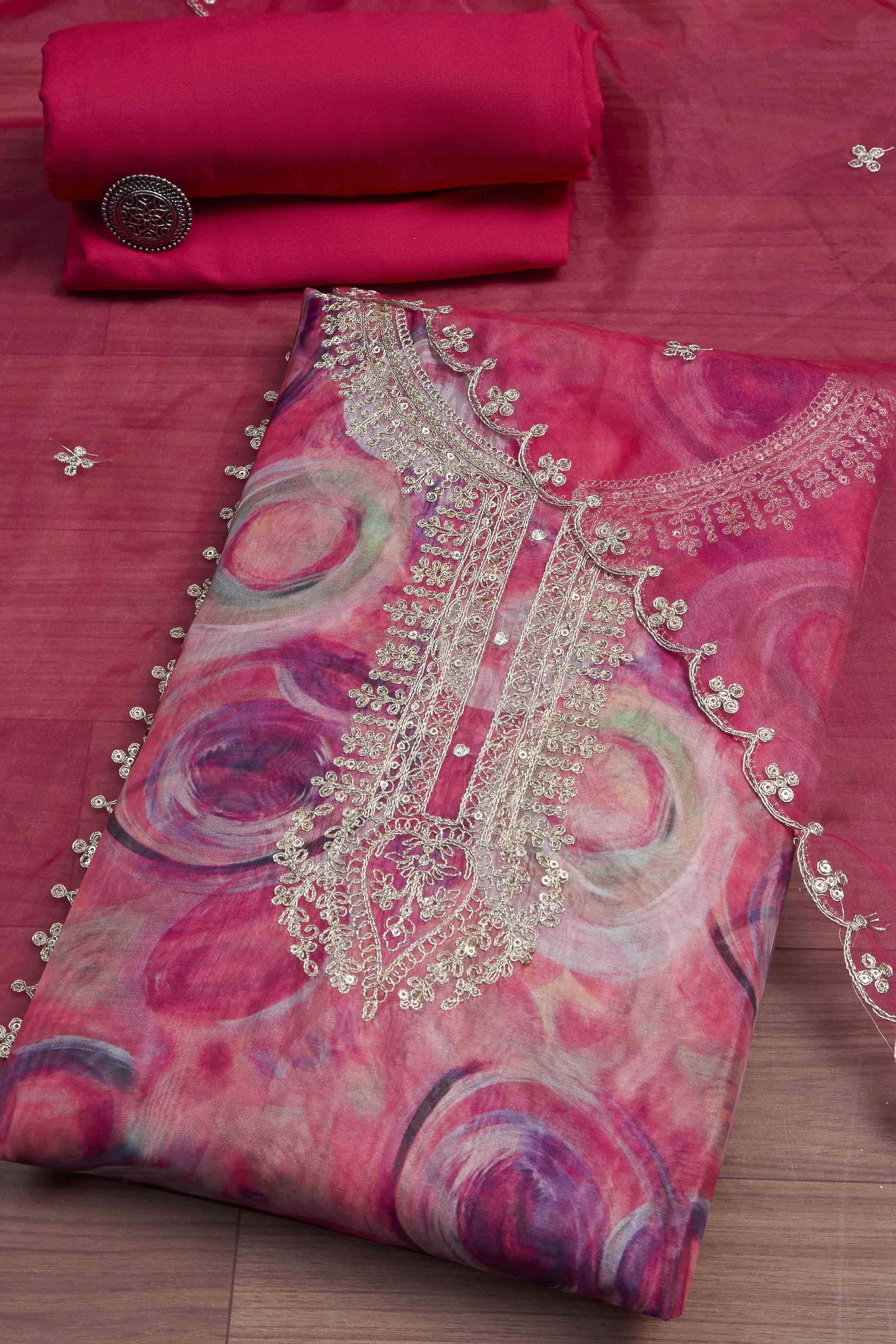 Peach-Colored Organza Rajasthani Print Unstitched Suit Set image number 0
