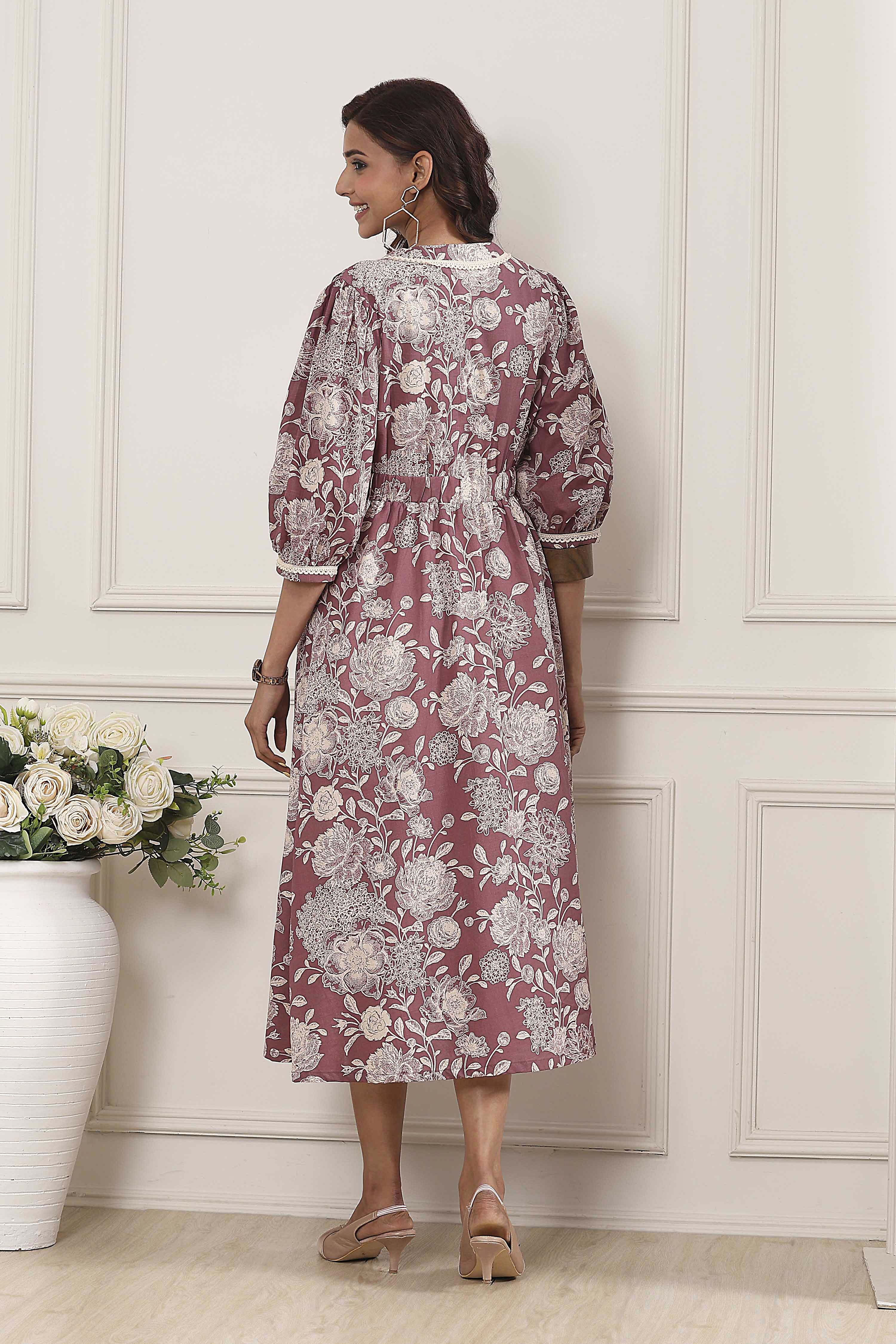 Nude-Colored Cotton Printed Flared A-Line Dress image number 3